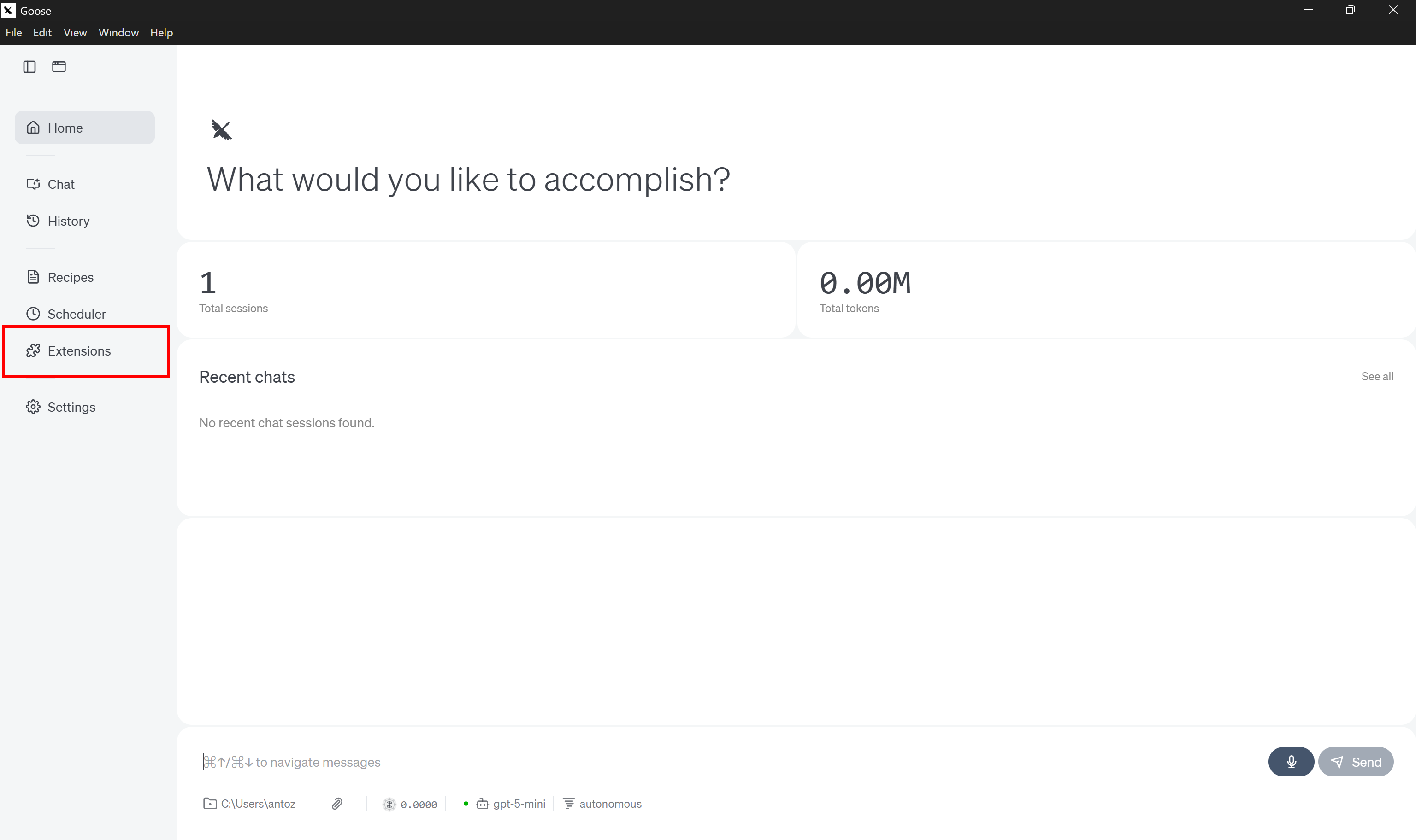 Selecting the “Extensions” option