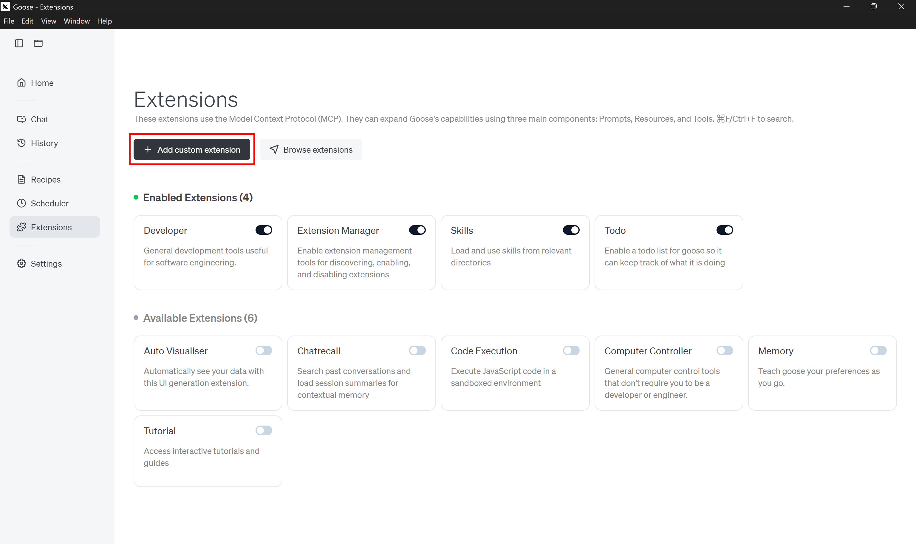 Selecting the “Add custom extension” button