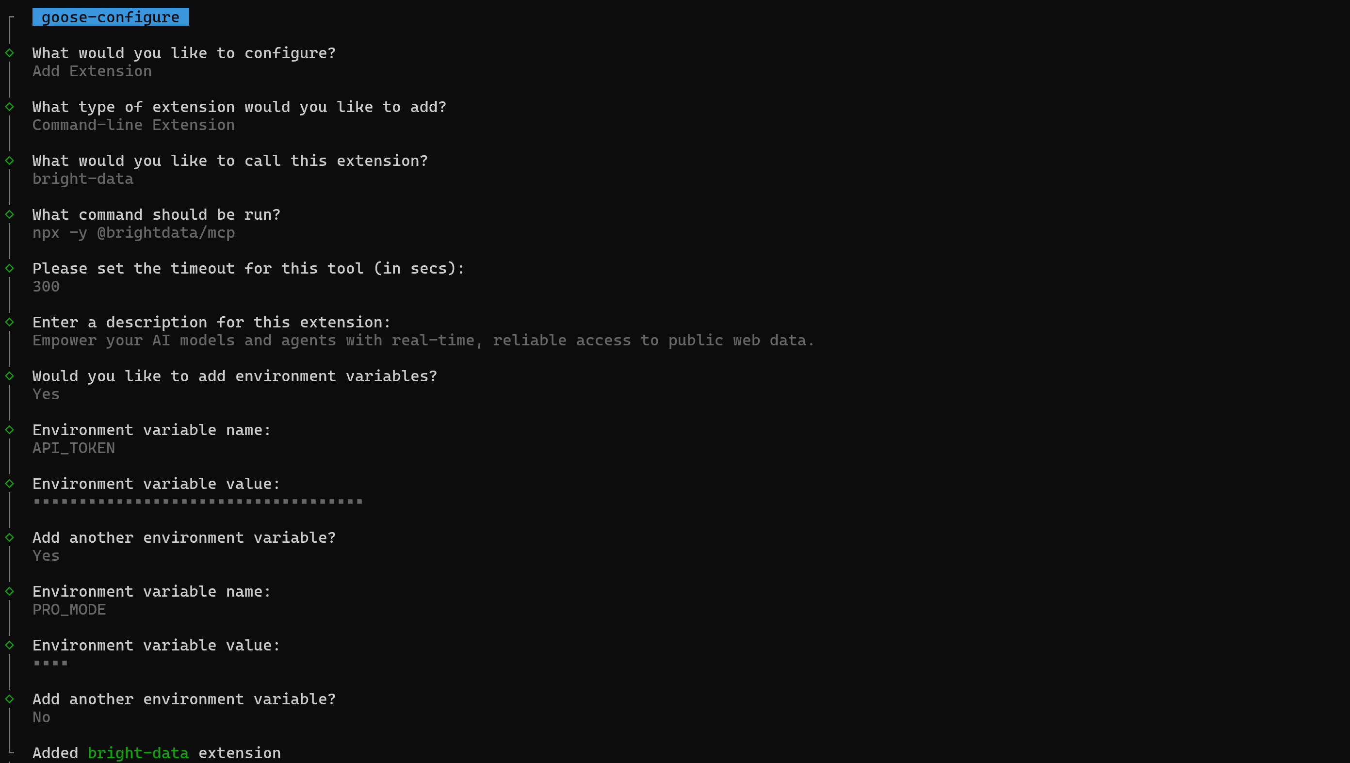Configuring the custom extension for Bright Data Web MCP integration