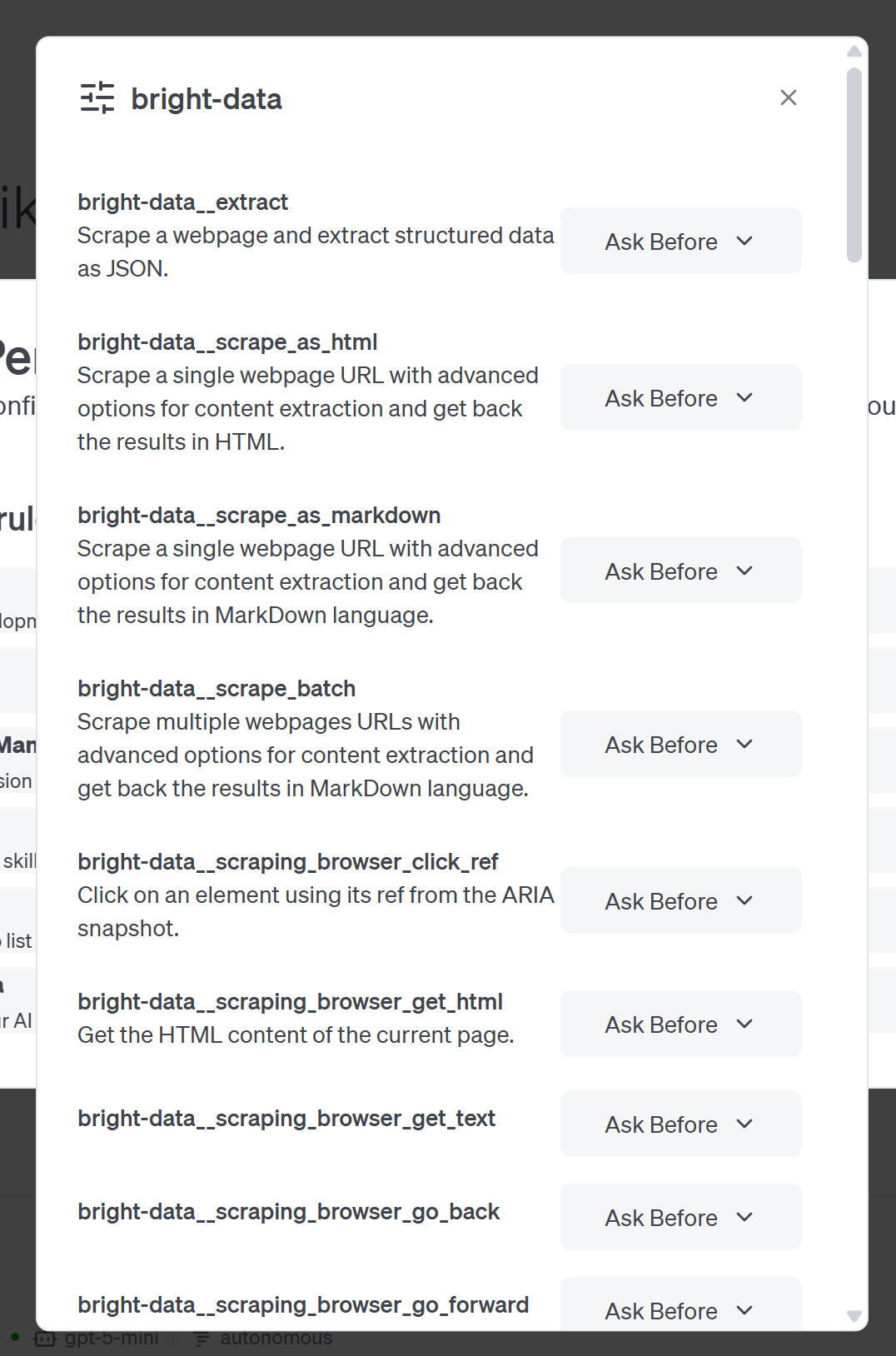 Note the tools exposed by the Bright Data Web MCP extension