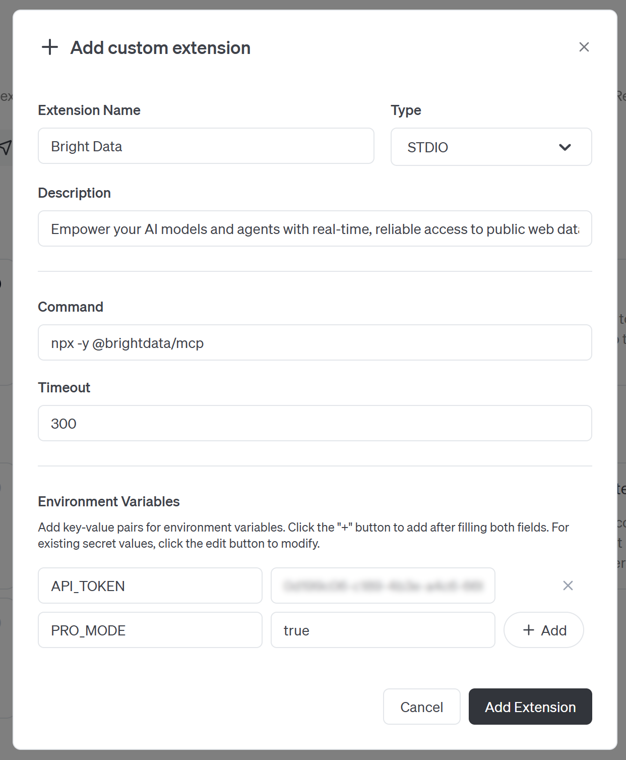 Configuring the Bright Data Web MCP extension in goose