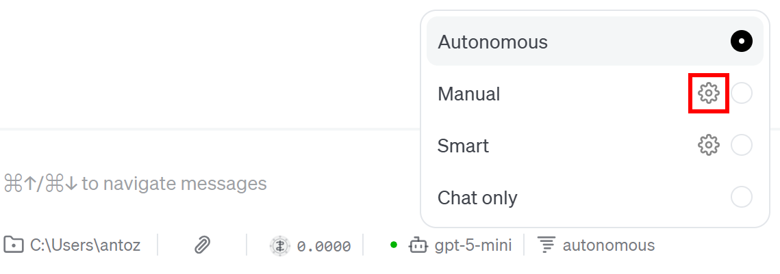 Selecting the “gear” entry in the “Manual” entry