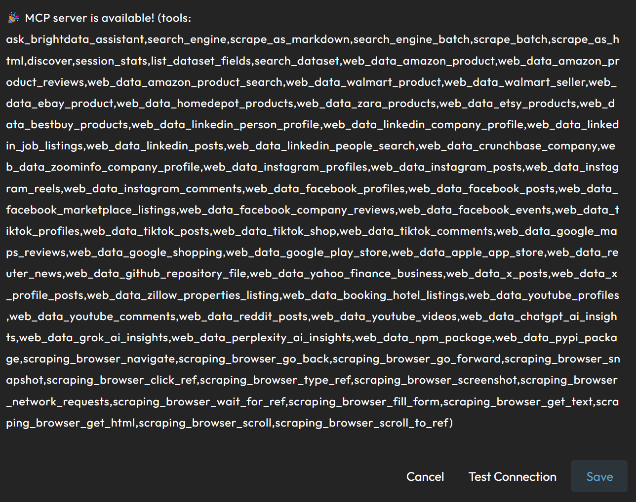 The connection was successful (note the list of tools)