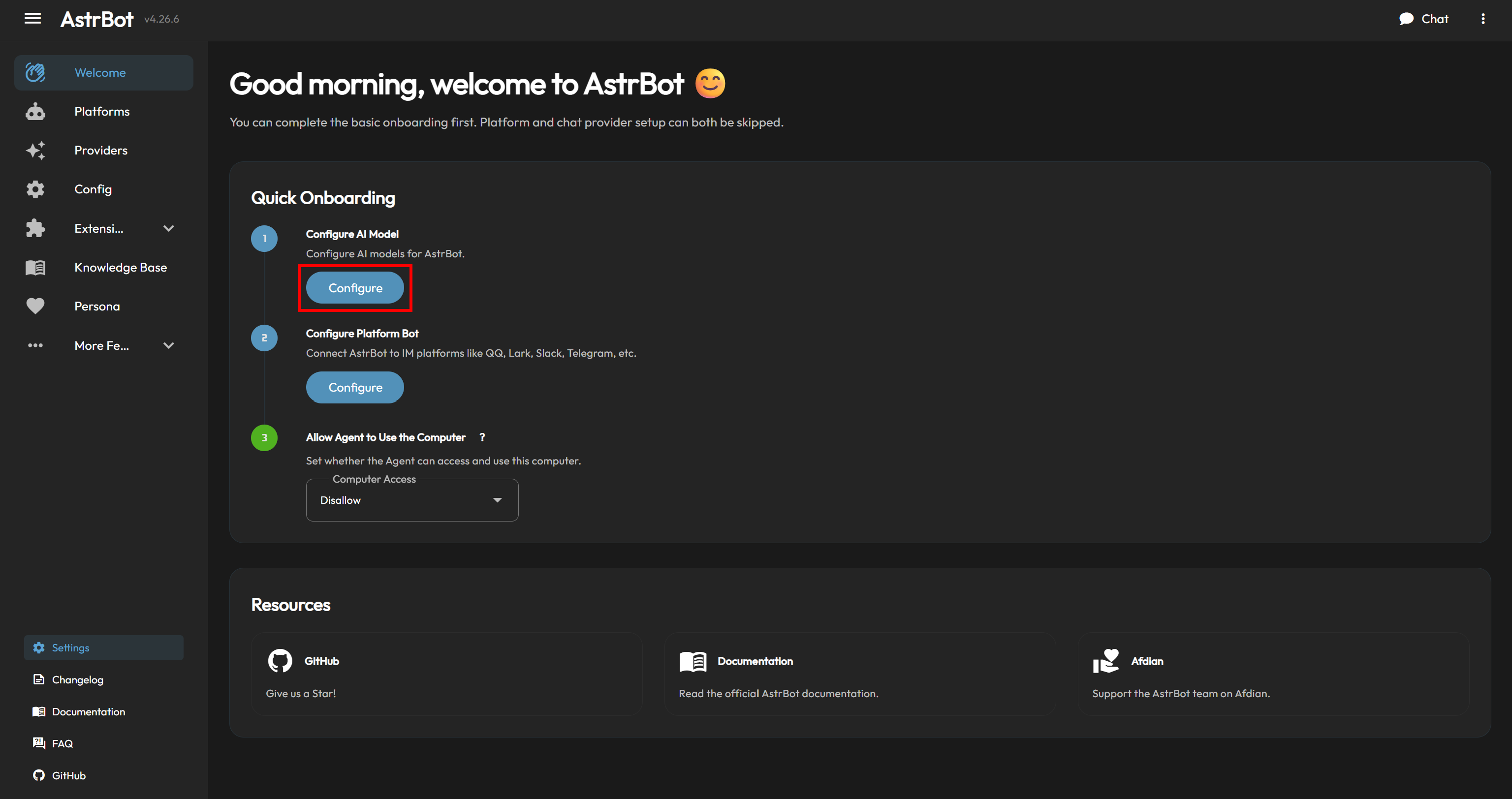 Clicking the “Configure” button in the “Configure AI Model” section