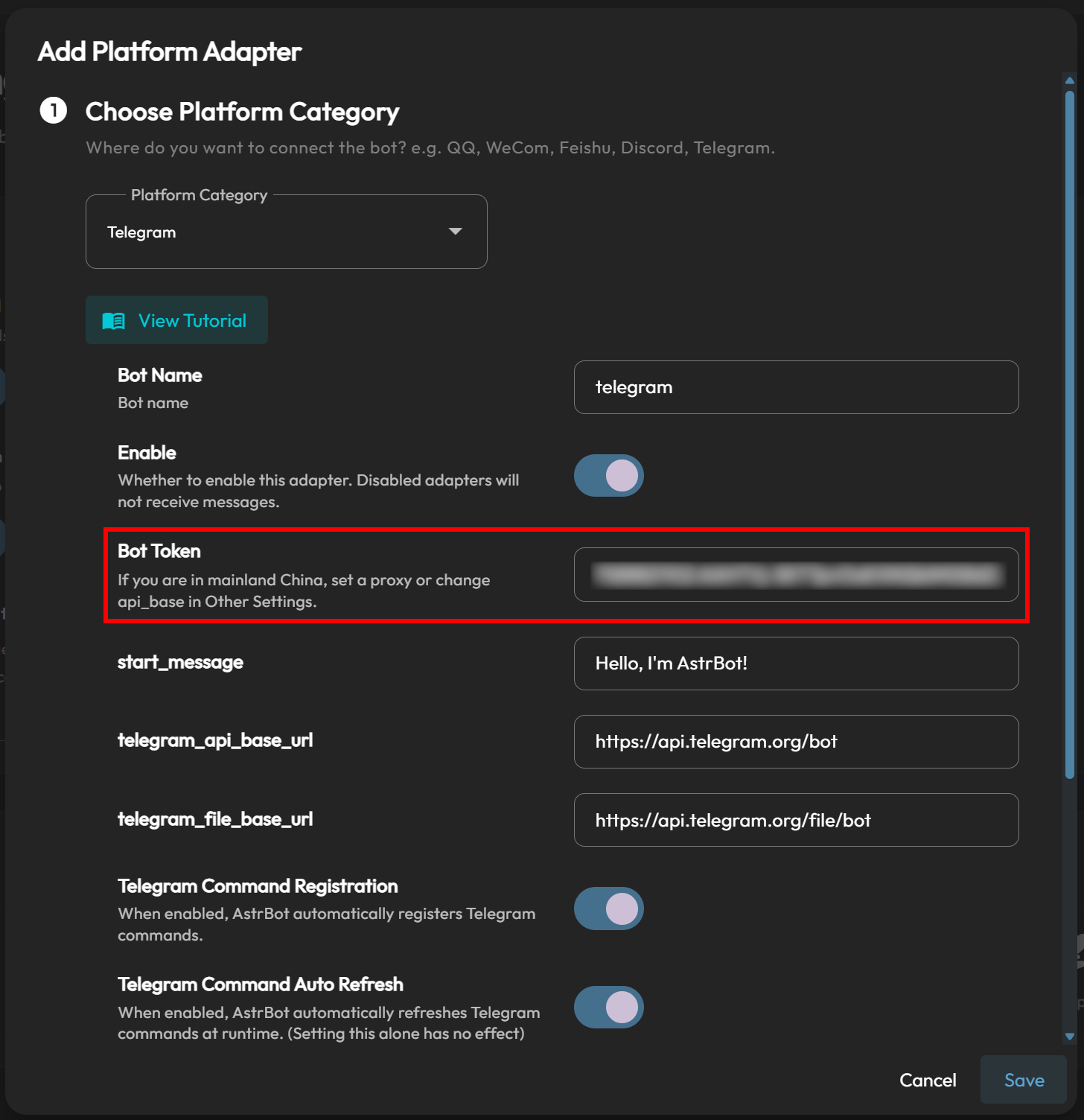Configuring your Telegram bot in AstrBot
