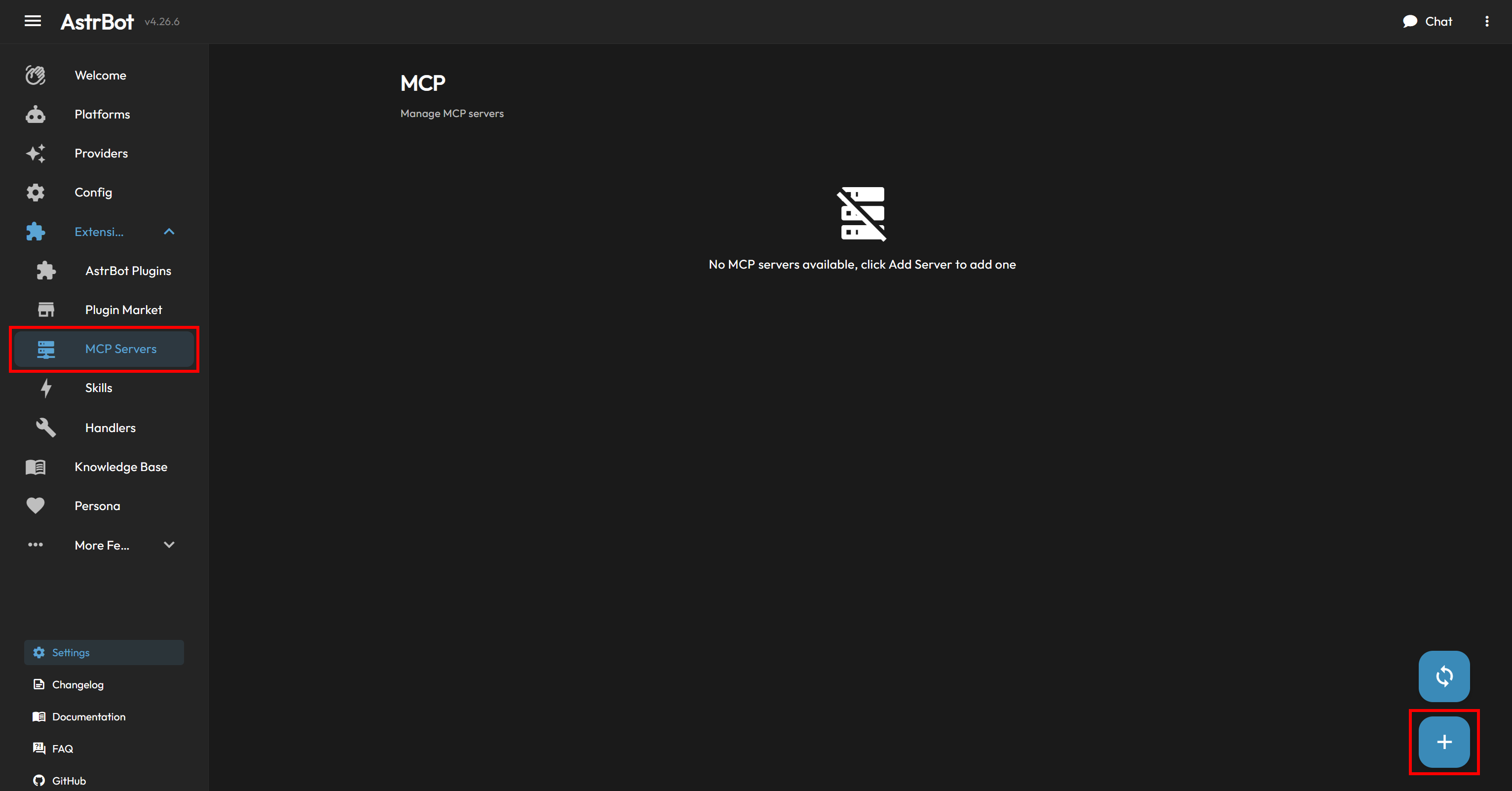 Pressing the “+” button on the “MCP” page