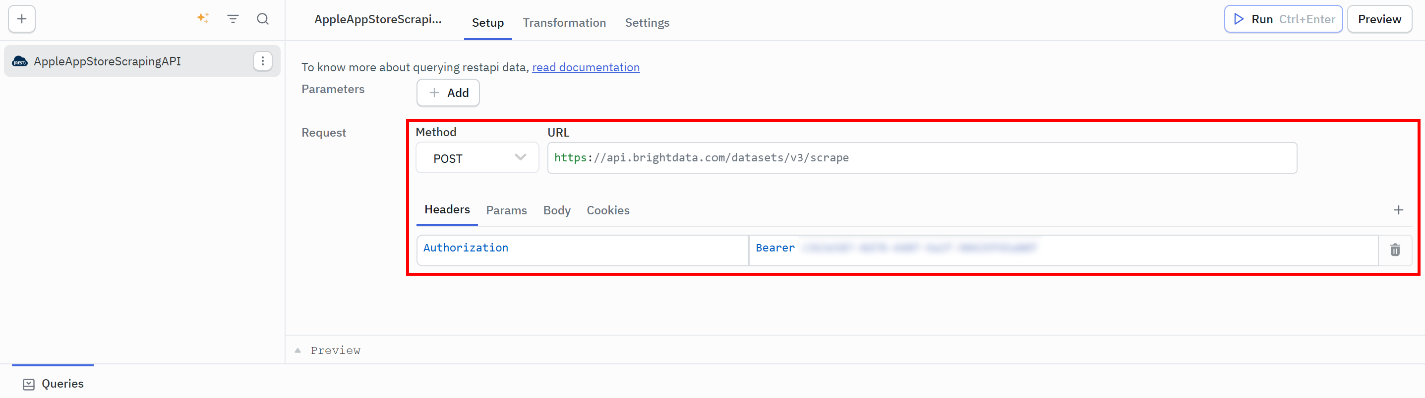 Start configuring the “REST API” data source for connecting with Bright Data Scraper API