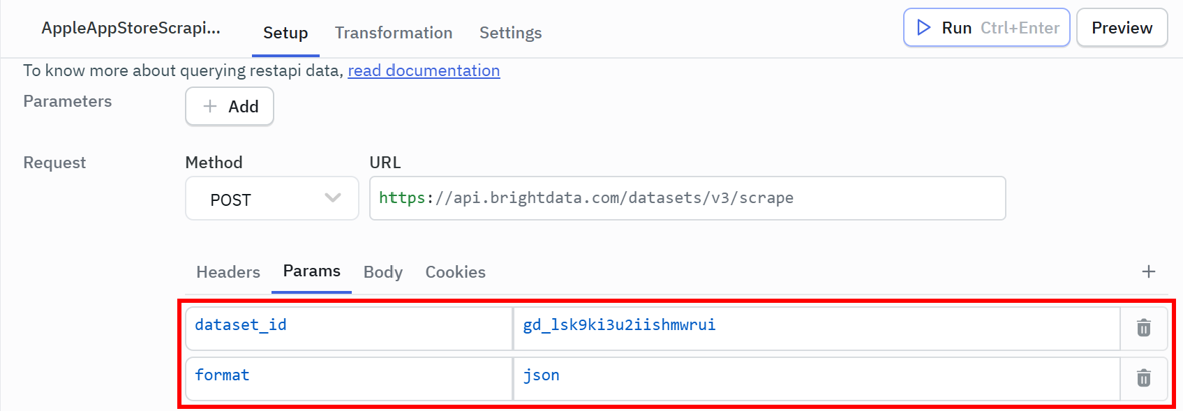 Configure the query params to call the right Bright Data Scraper API