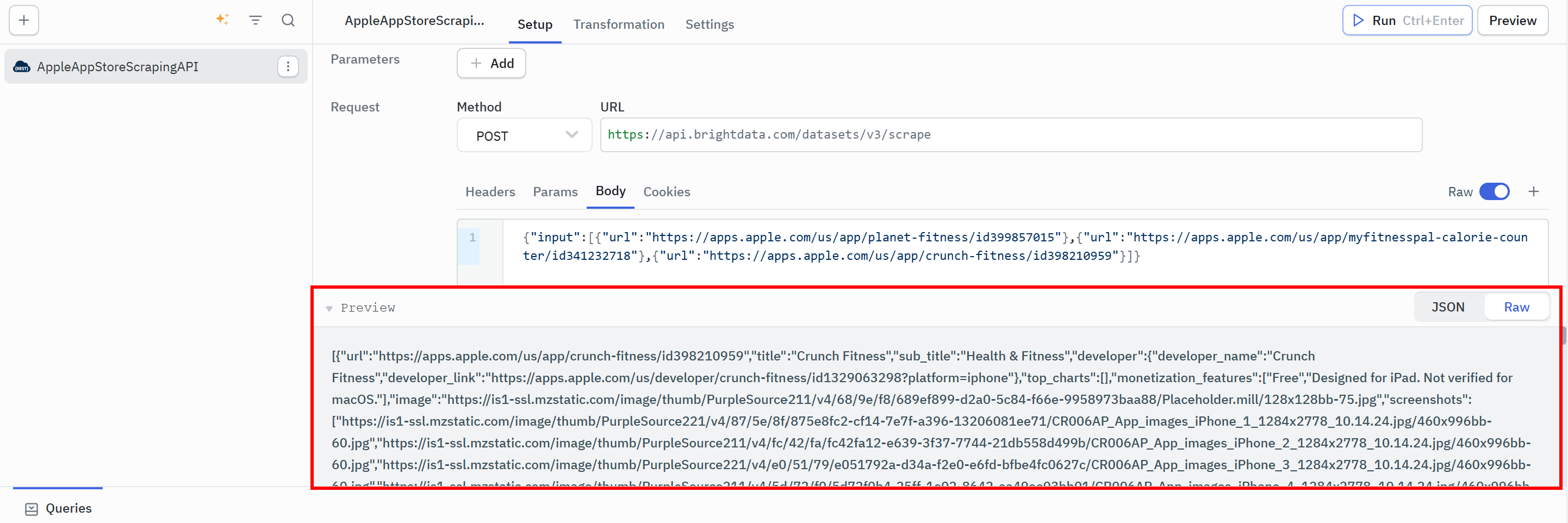 Note the response produced by the Bright Data Scraper API