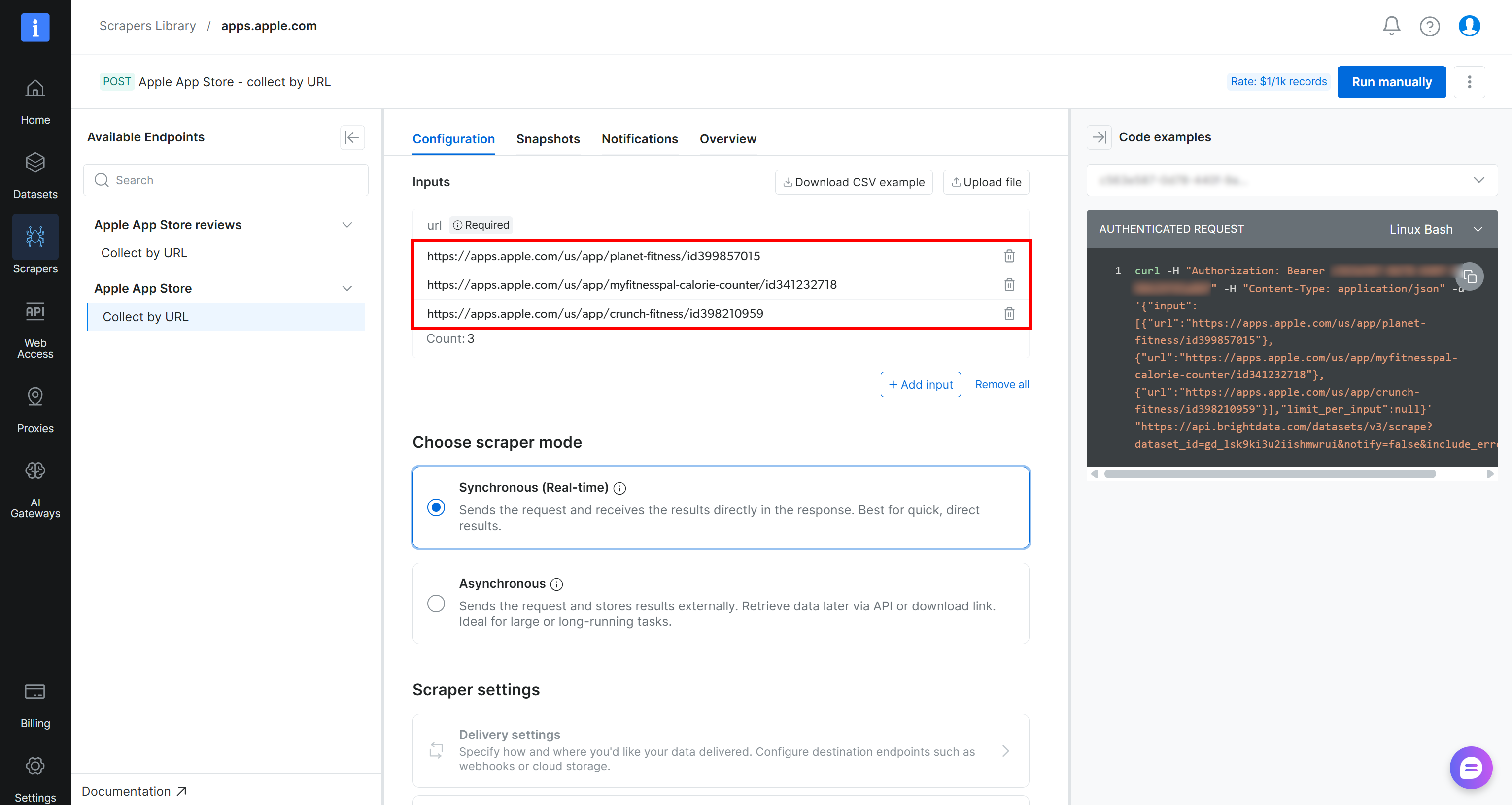 Manually testing the “Apple App Store - Collect by URL” Scraper API endpoint