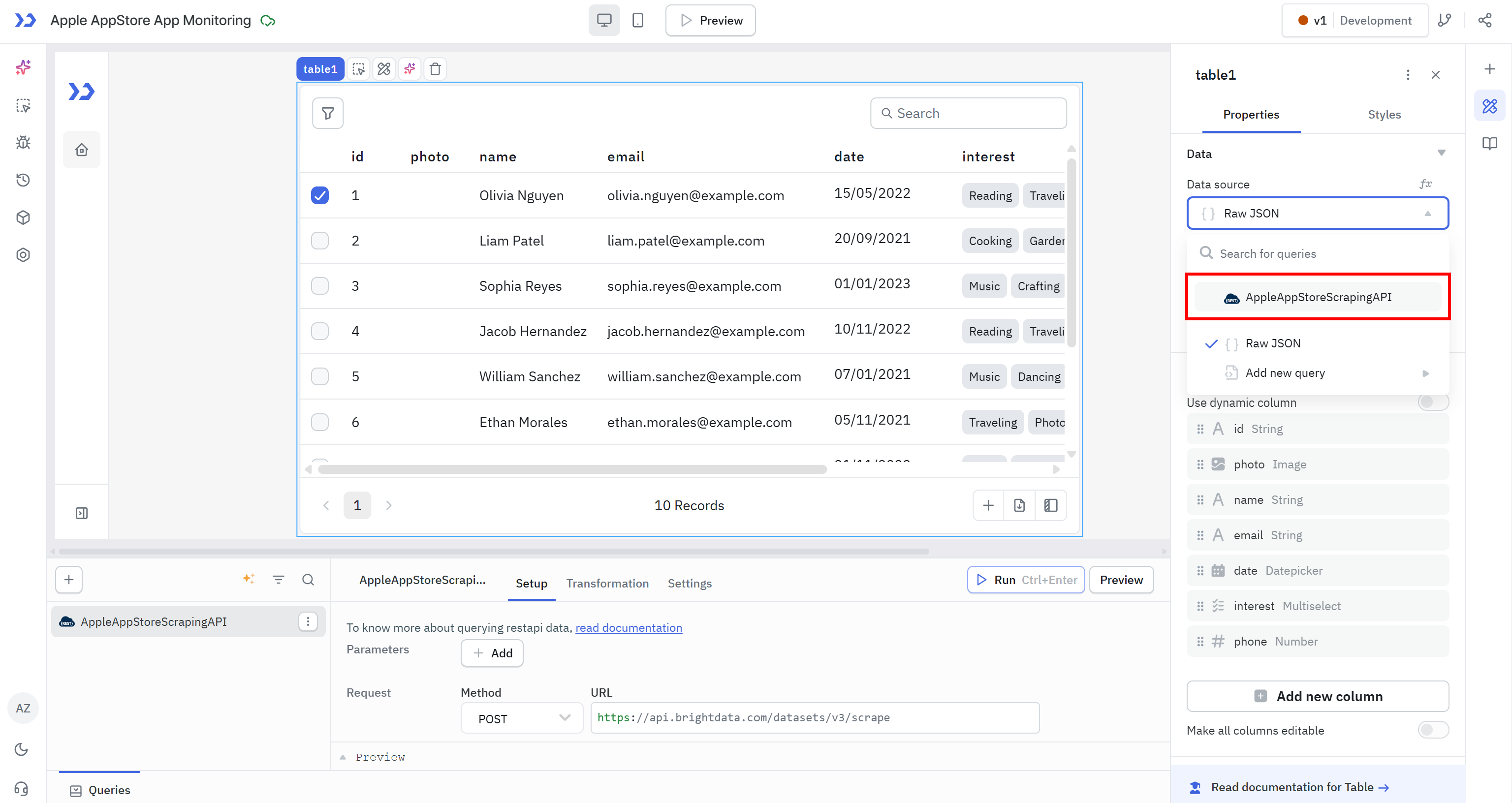 Setting the input data soruce of the table to the “AppAppStoreScrapingAPI” REST API