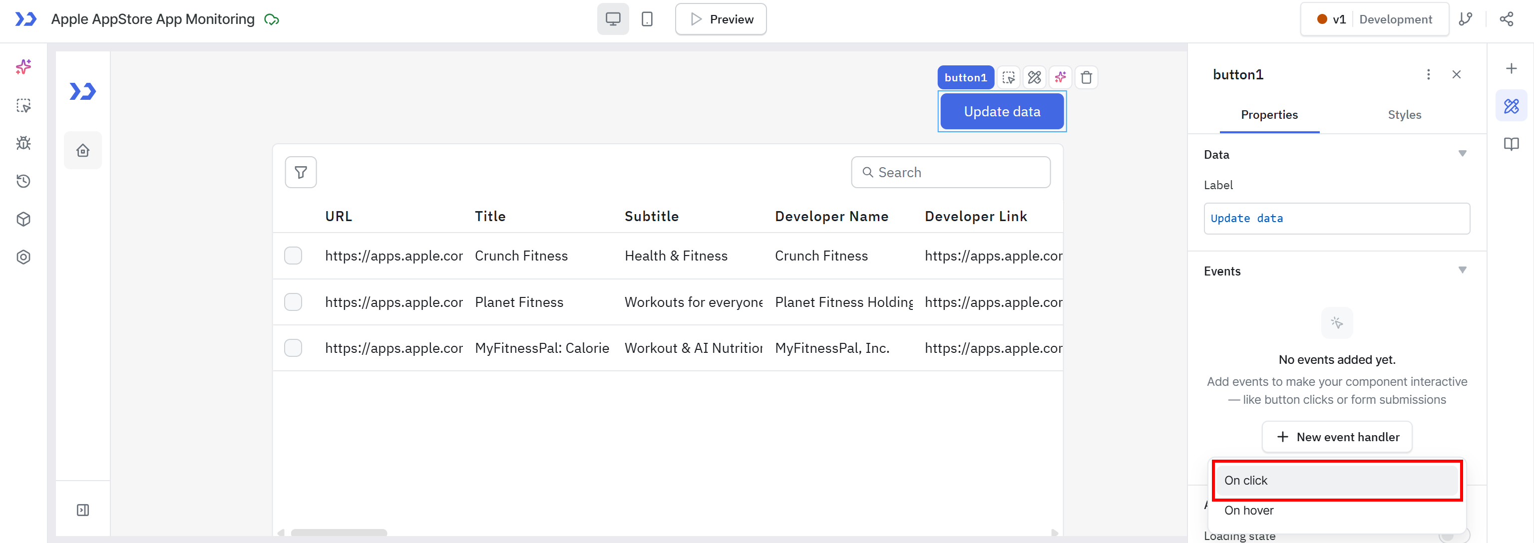 Adding a “Update data” button and selecting the “On click” event
