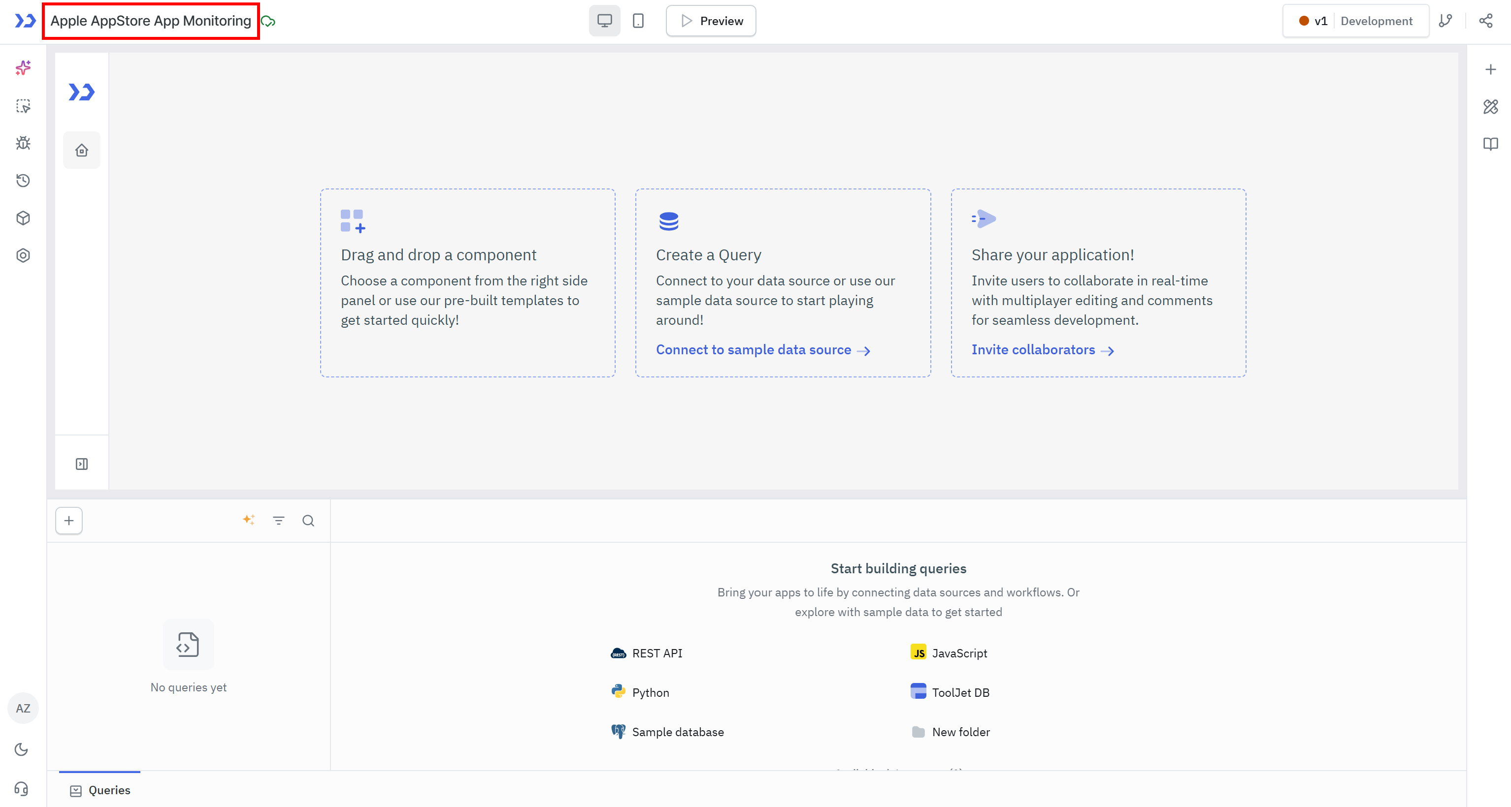 The blank canvas from a new ToolJet App Builder project