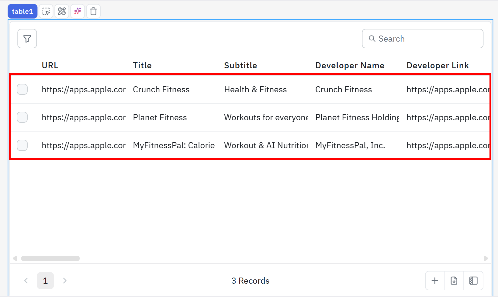 Note the scraped data now appearing in the table component
