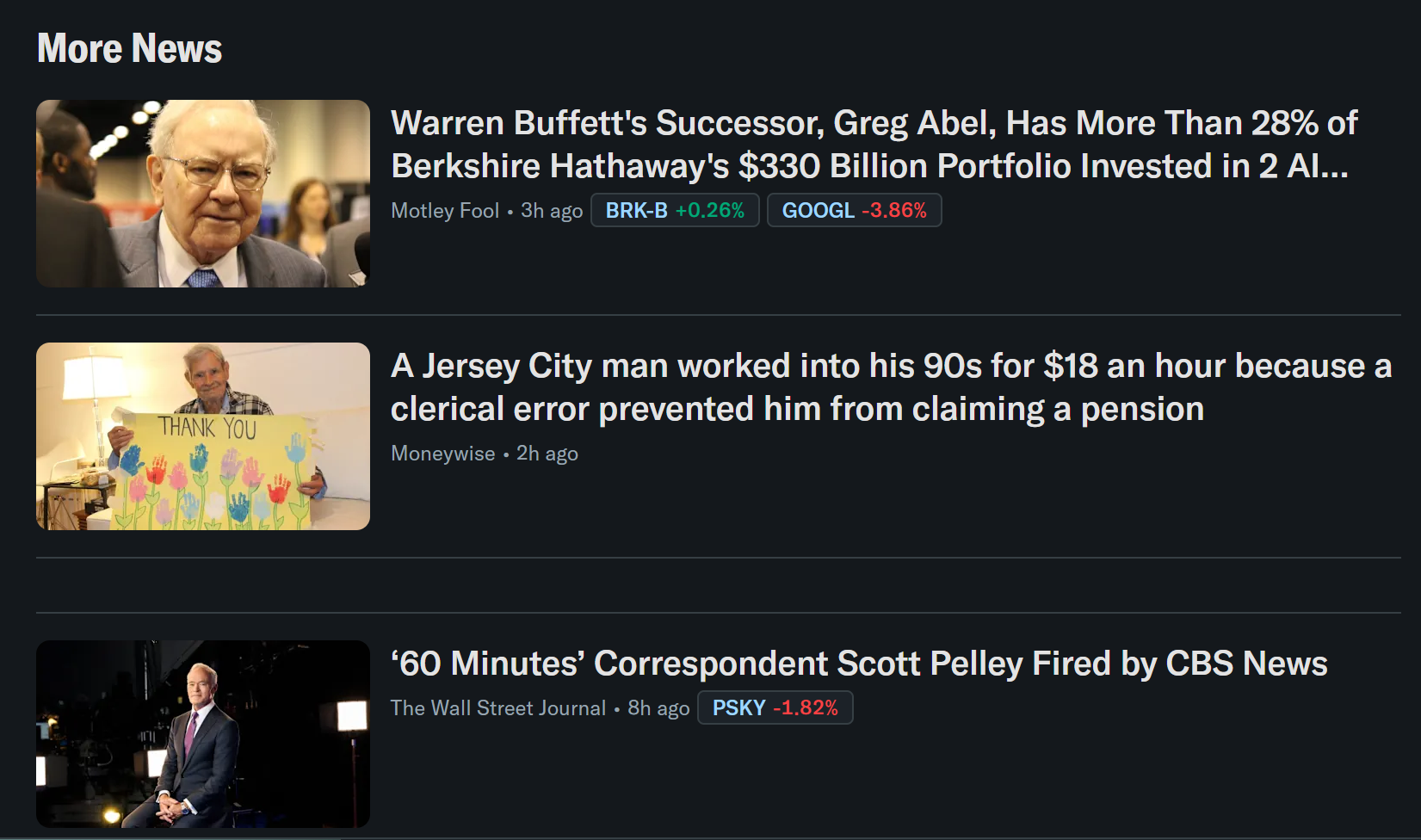 Note the information available from the Yahoo Finance news cards