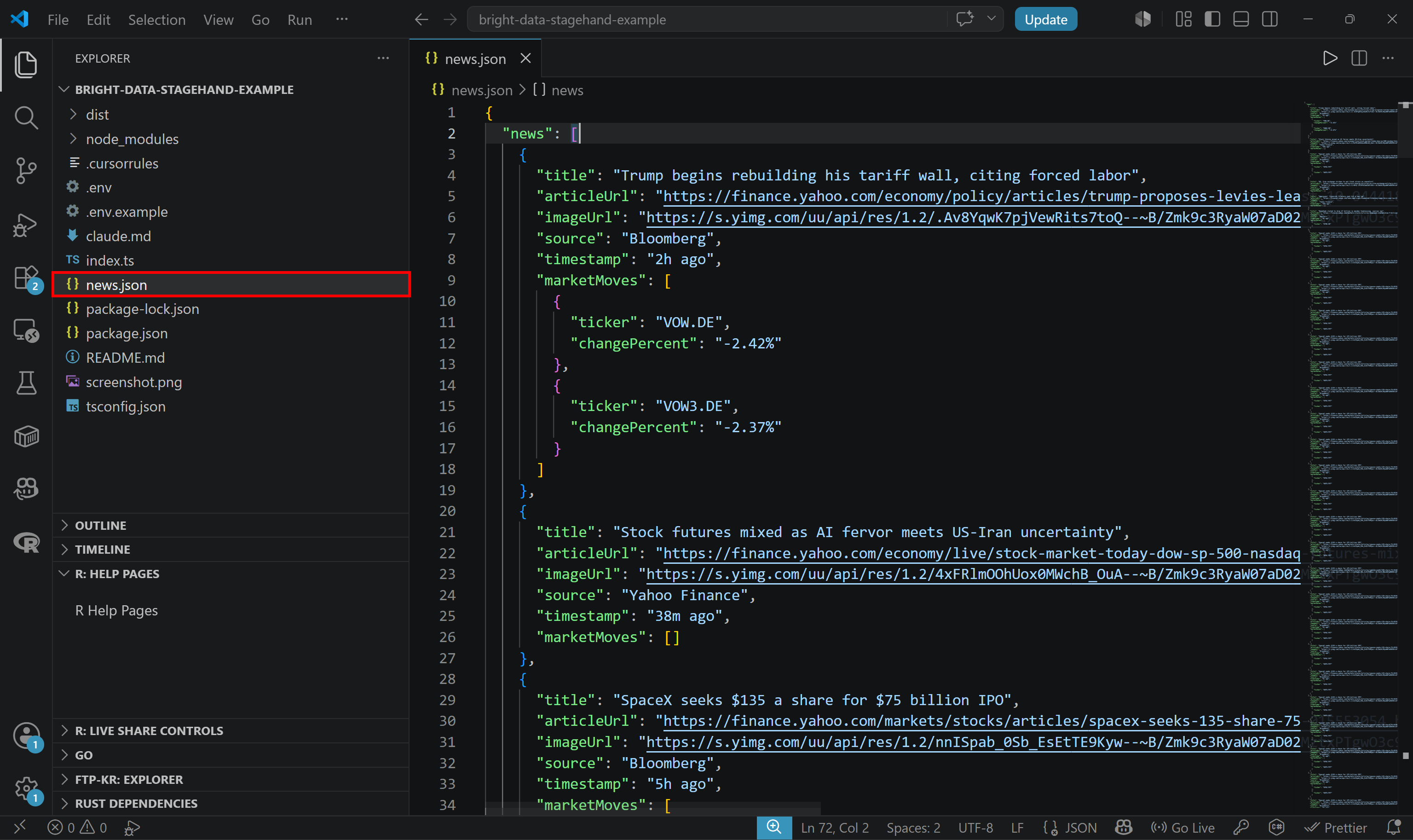 Note the scraped structured news data in the “news.json” file