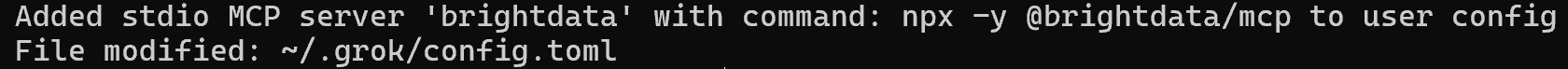 The output of the “grok mcp add brightdata” command