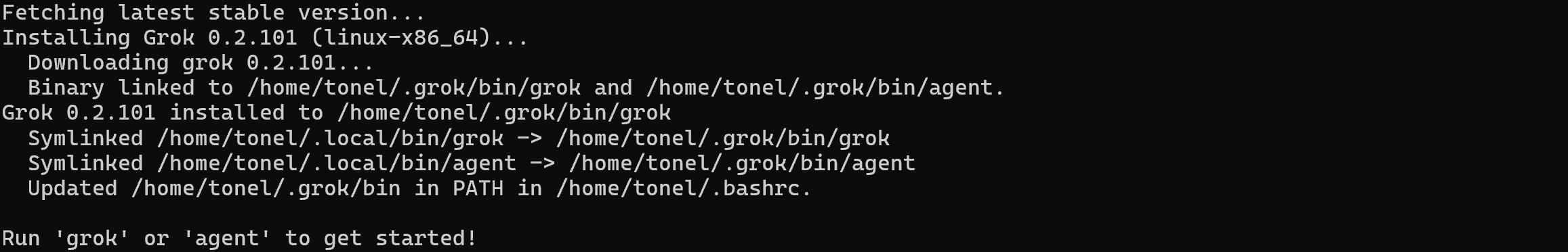 The output of the Grok Build installation script