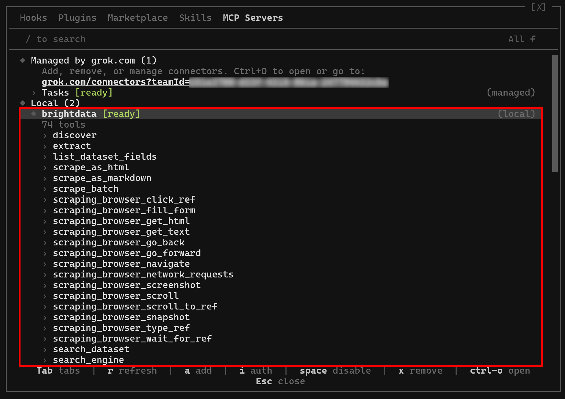 The tools exposed by the local Bright Data Web MCP server to Grok Build