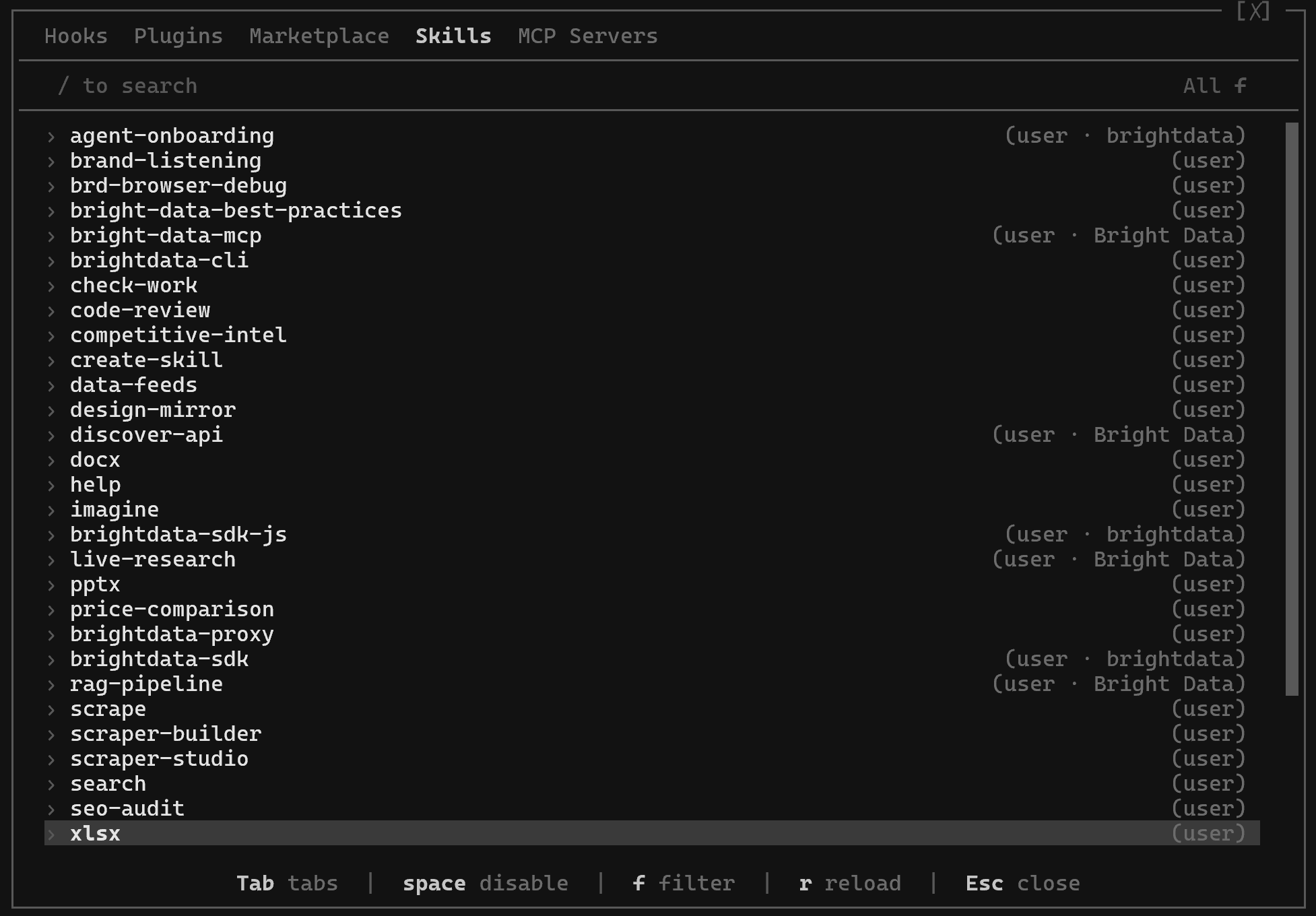 Note how the list contain the Bright Data skills