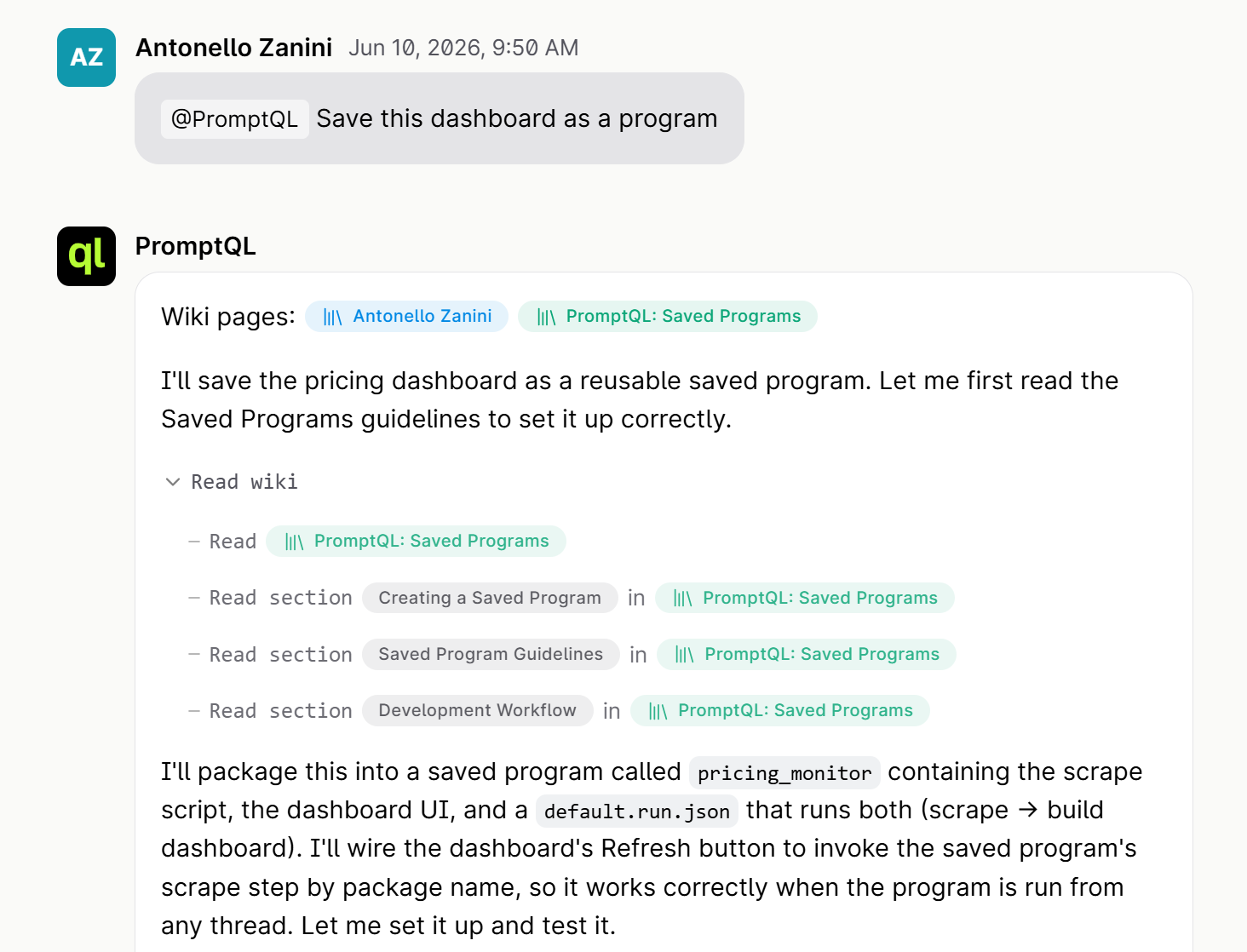 The output for the “Save this dashboard as a program” prompt