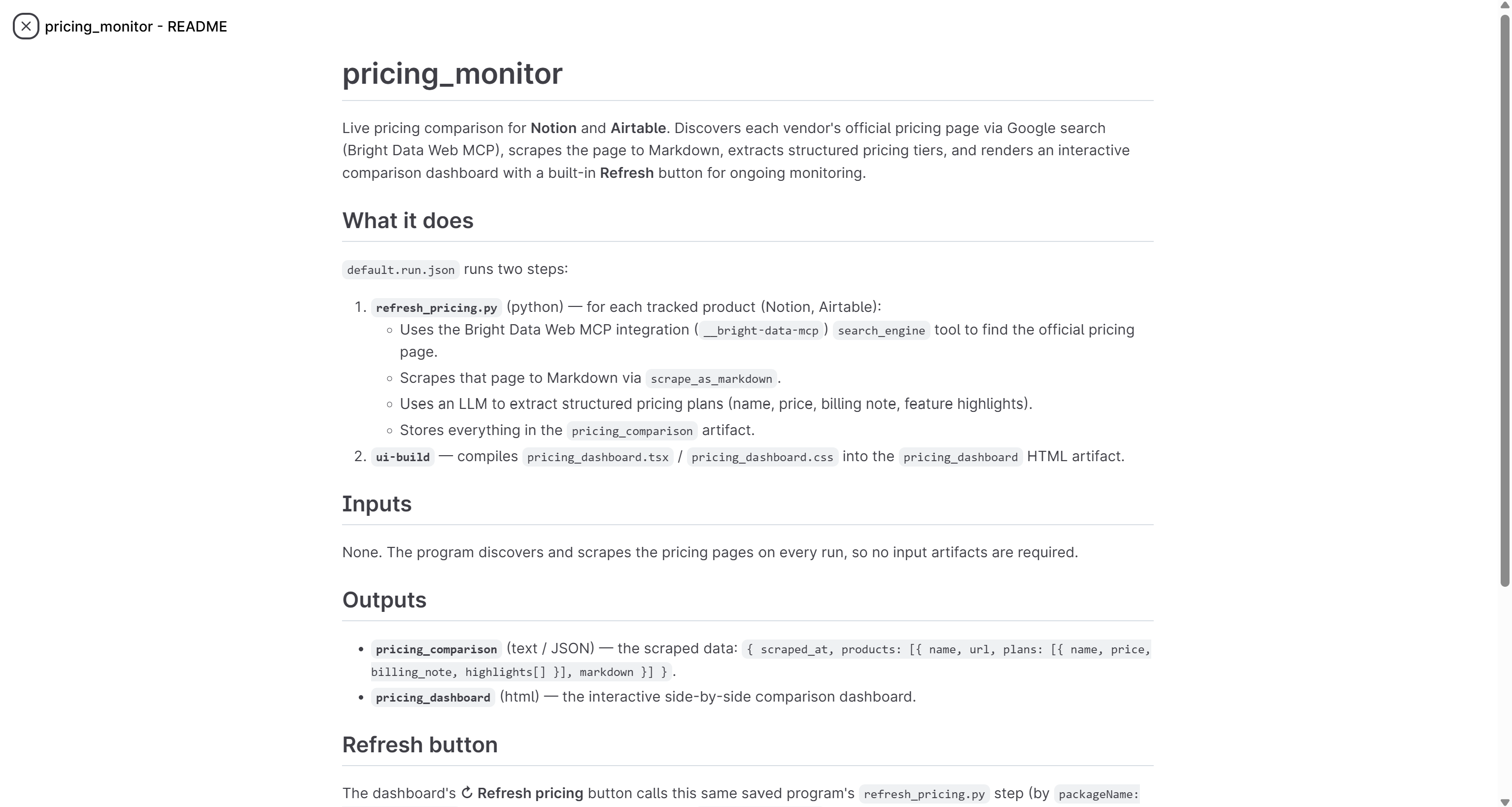 The README file for the “pricing_monitoring” workflow
