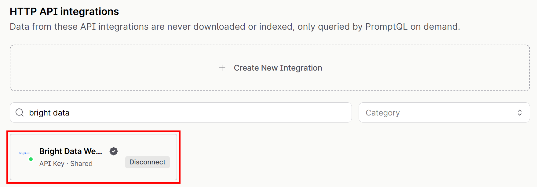 Note the green circle and the “Disconnect” button on the “Bright Data Web MCP” card