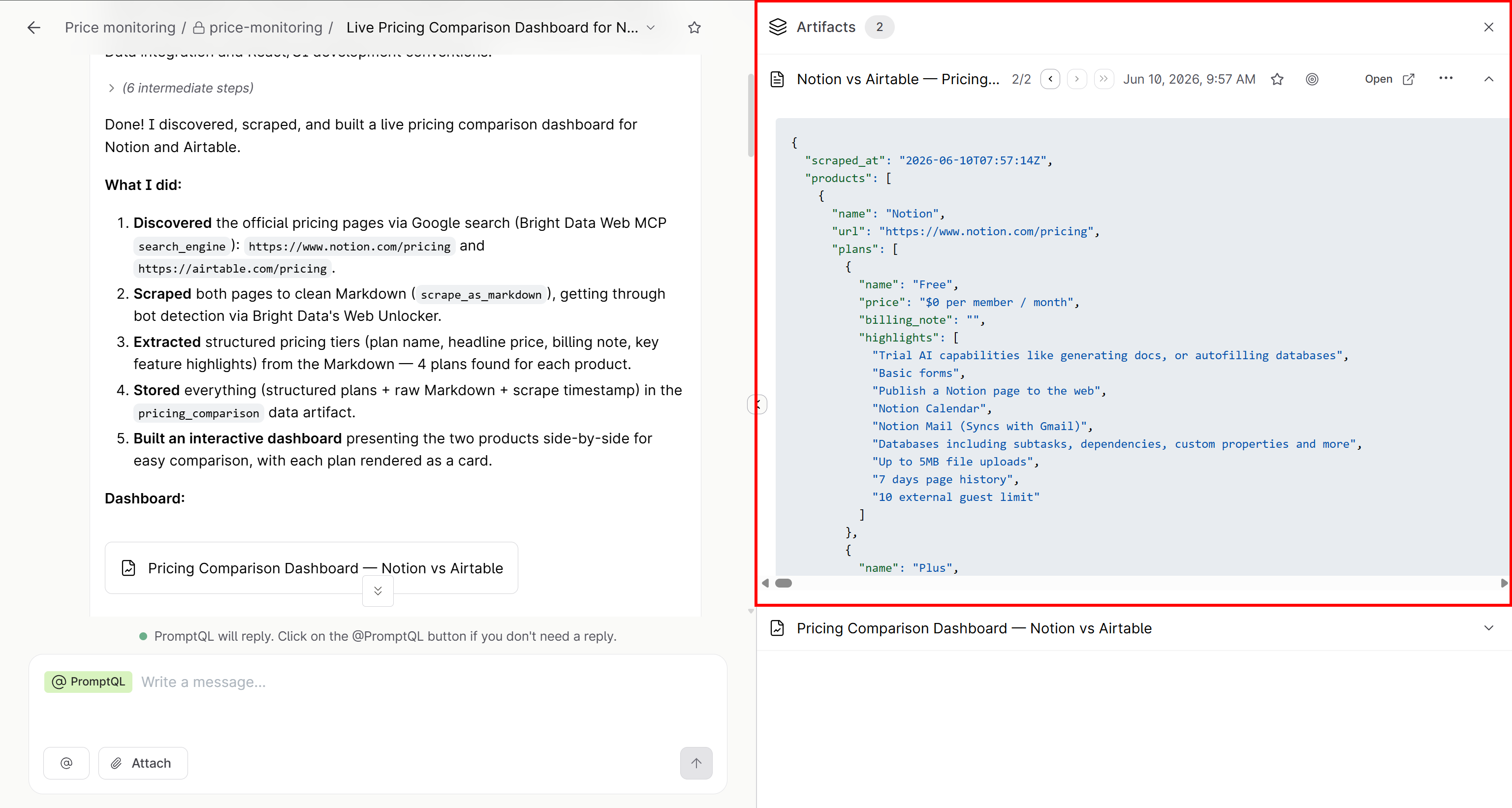 Note the “Notion vs Airtable Pricing Comparison” artifact