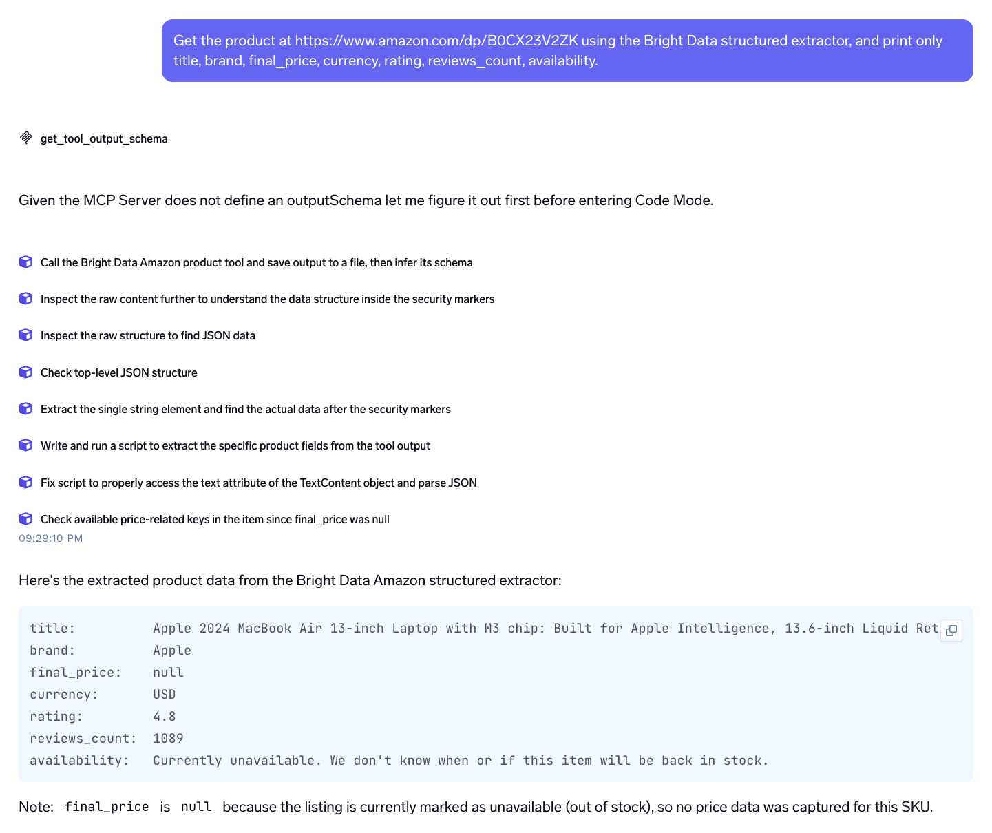 TrueFoundry Playground running an agent in Code Mode, one step fixing TextContent access, ending in 7 product fields