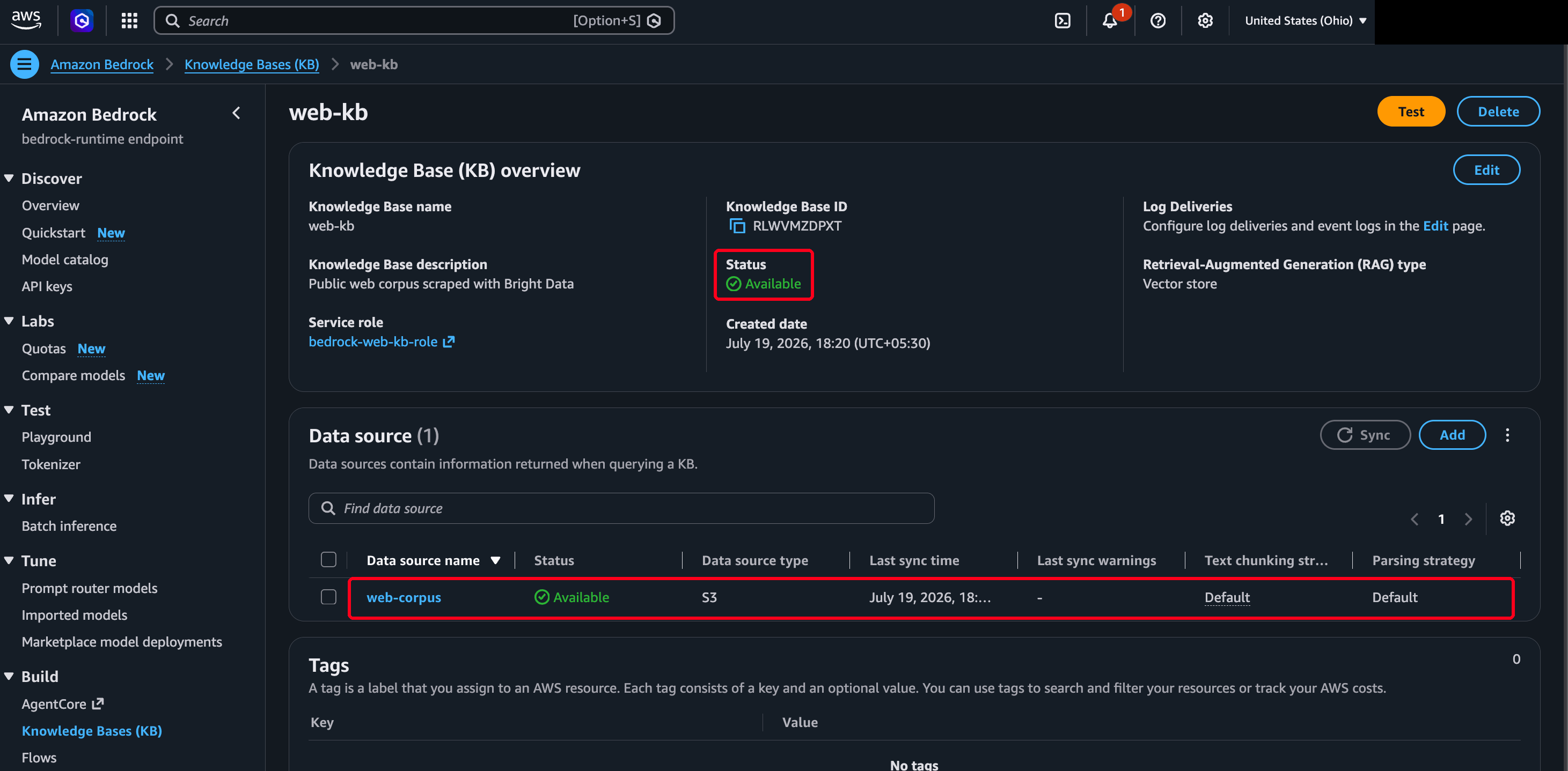 Amazon Bedrock console, the web-kb knowledge base overview. Status is Available and the RAG type is Vector store. The Data source section lists one S3 source named web-corpus, also Available. Red boxes mark the status and the data source row.