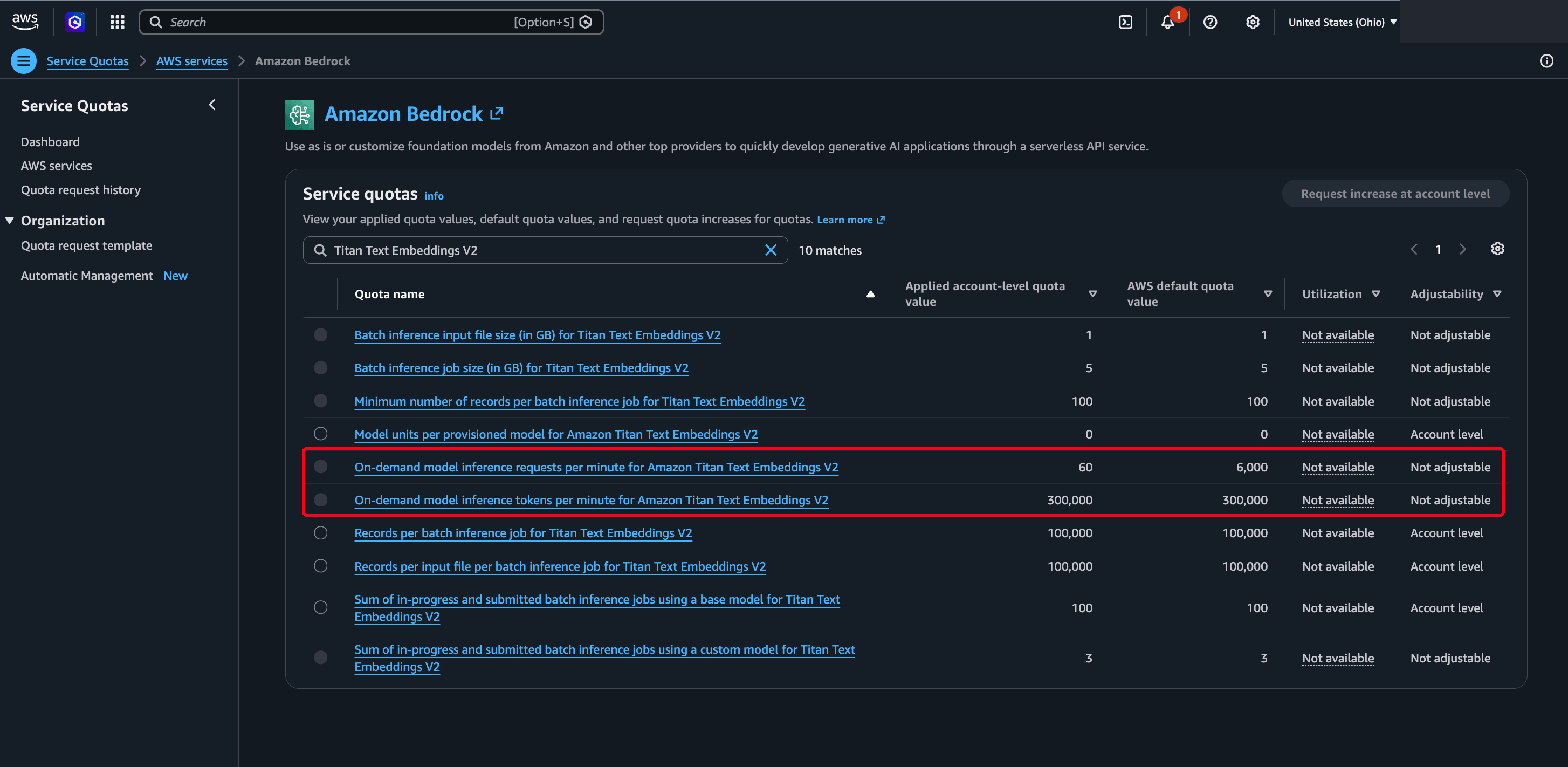 The identical filter in US East (Ohio) for the same account, where the applied quota reads 60 requests per minute and 300,000 tokens per minute. A red box marks the two working rows.