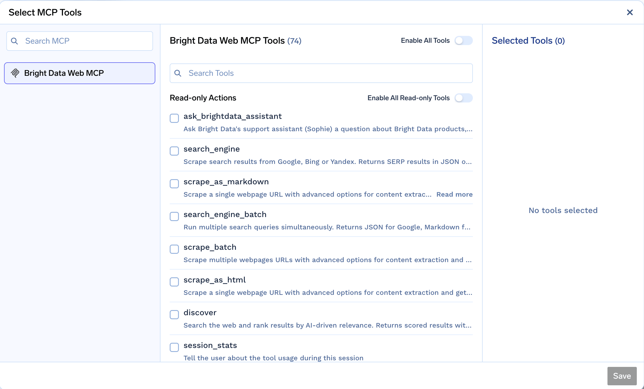 TrueFoundry's Select MCP Tools dialog showing Bright Data Web MCP Tools totalling 74, with a Read-only Actions subsection and its own Enable All Read-only Tools toggle