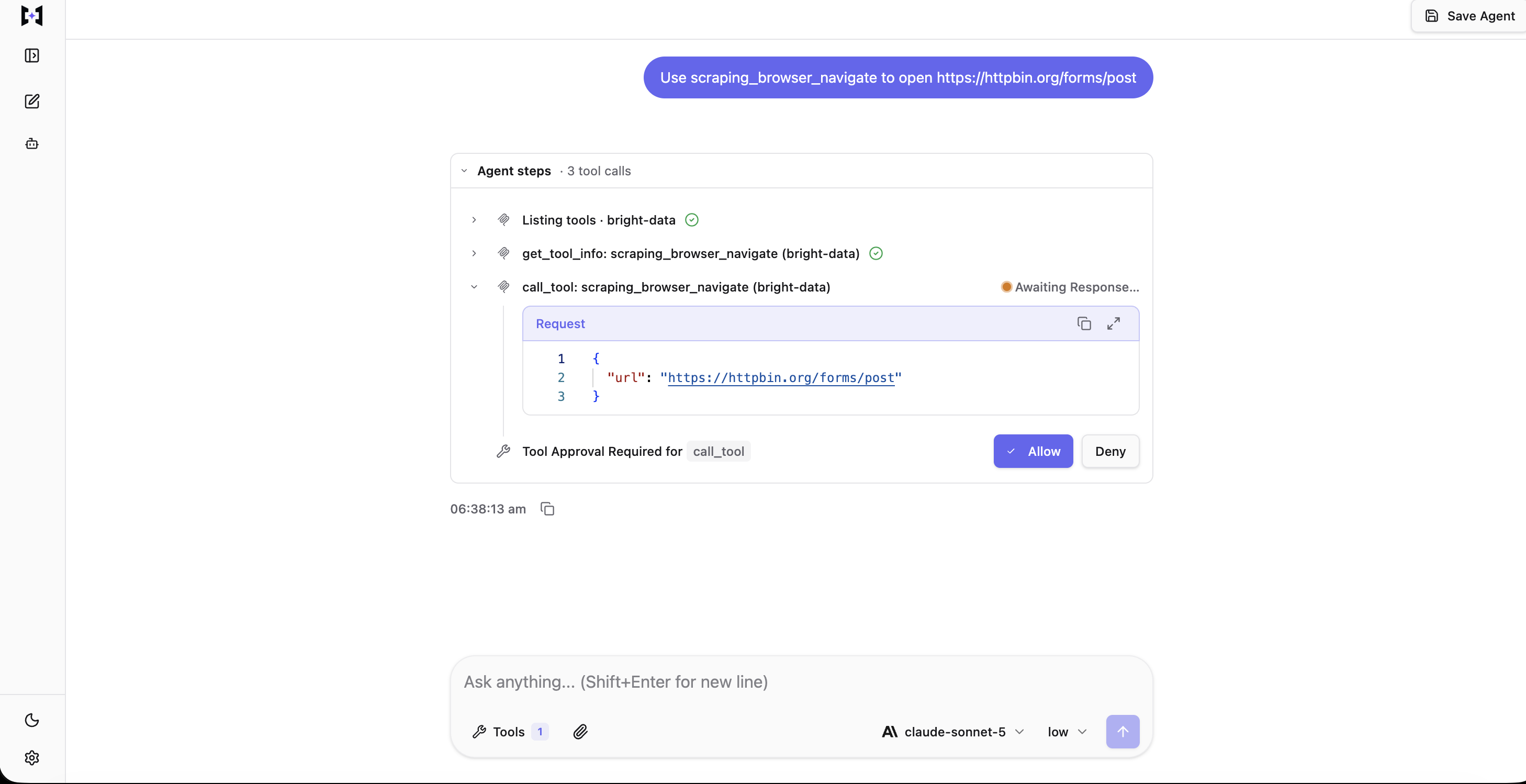 TrueForge chat UI paused mid-turn on a pending call_tool invocation of scraping_browser_navigate, showing the request JSON, an Awaiting Response badge, and Allow / Deny buttons