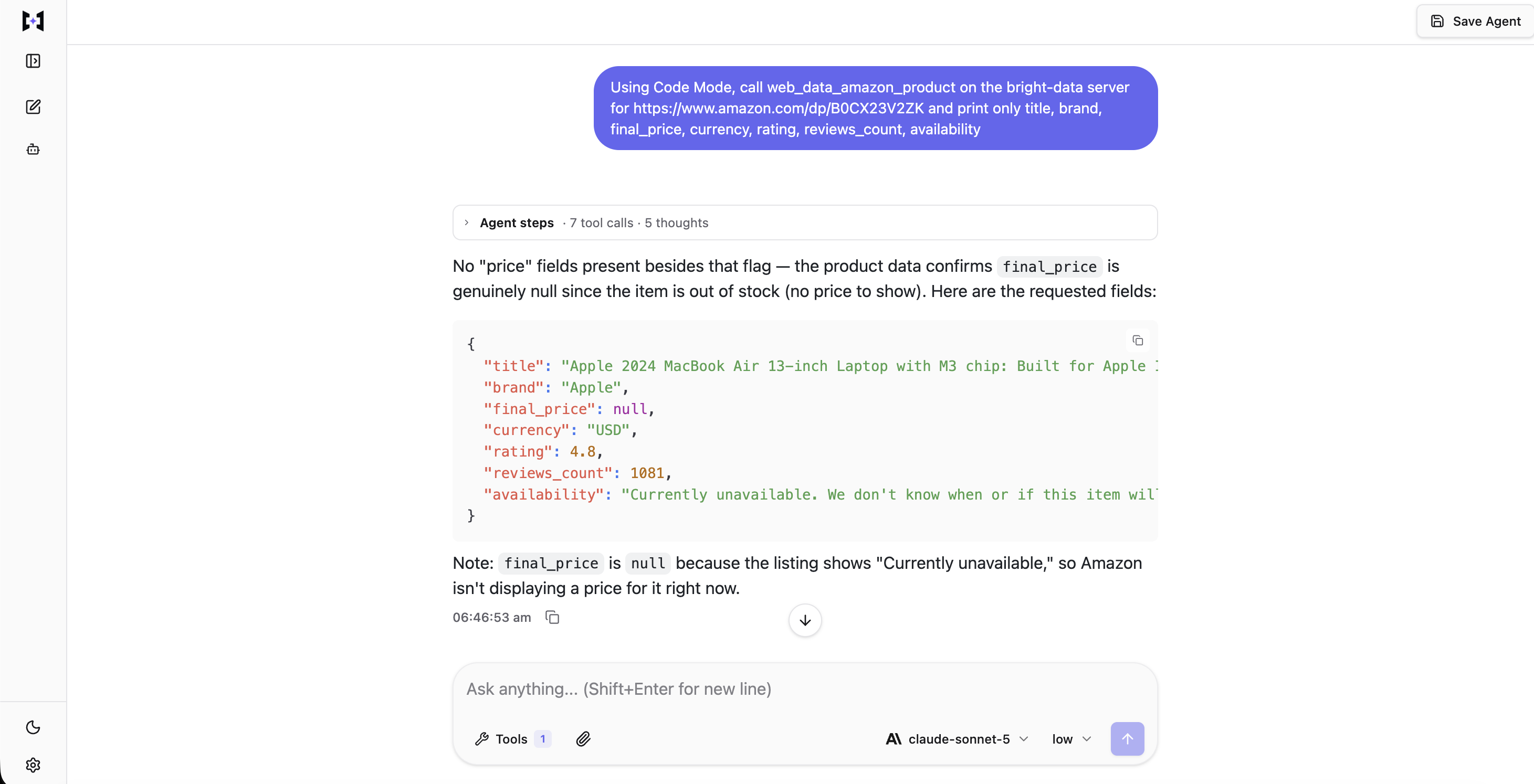 TrueForge chat UI showing the finished Code Mode run: 7 tool calls collapsed into one step, the model's own note that final_price is genuinely null, and the printed 7-field JSON result