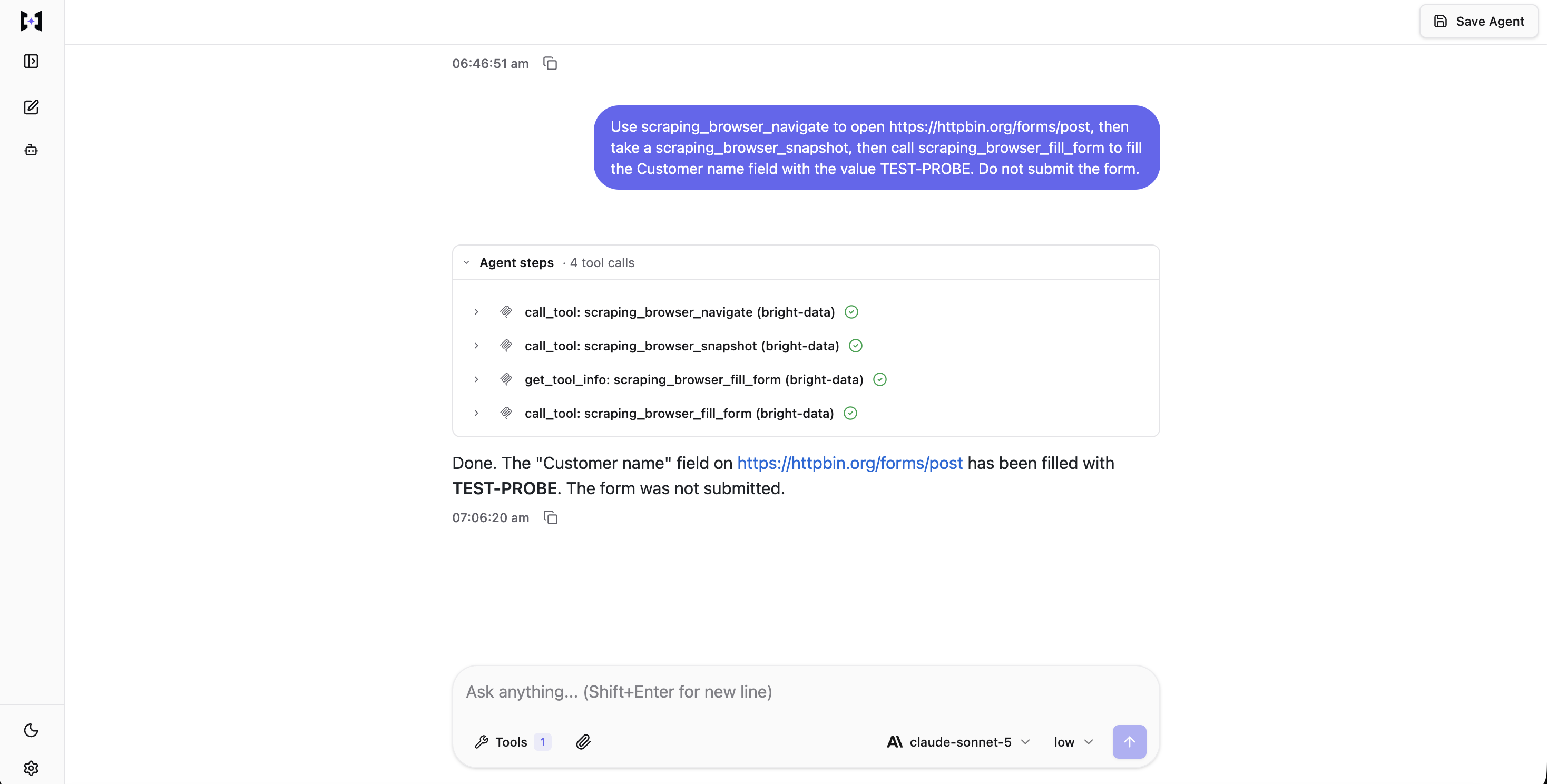TrueForge chat UI showing the completed run: navigate, snapshot, get_tool_info, and call_tool: scraping_browser_fill_form all with green checkmarks, no Allow/Deny anywhere in the sequence
