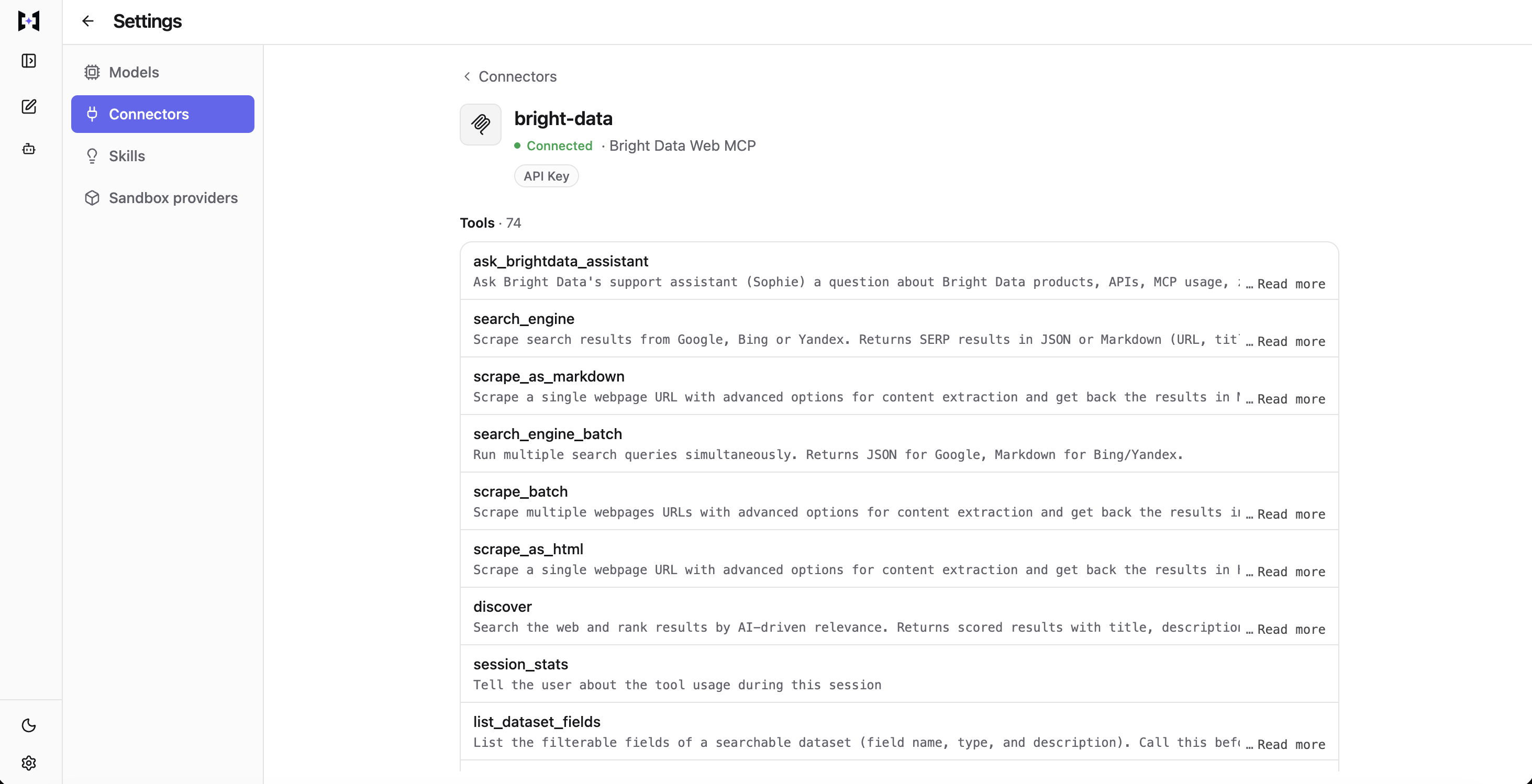 TrueForge connector detail for bright-data listing all 74 tools available through the registered connector