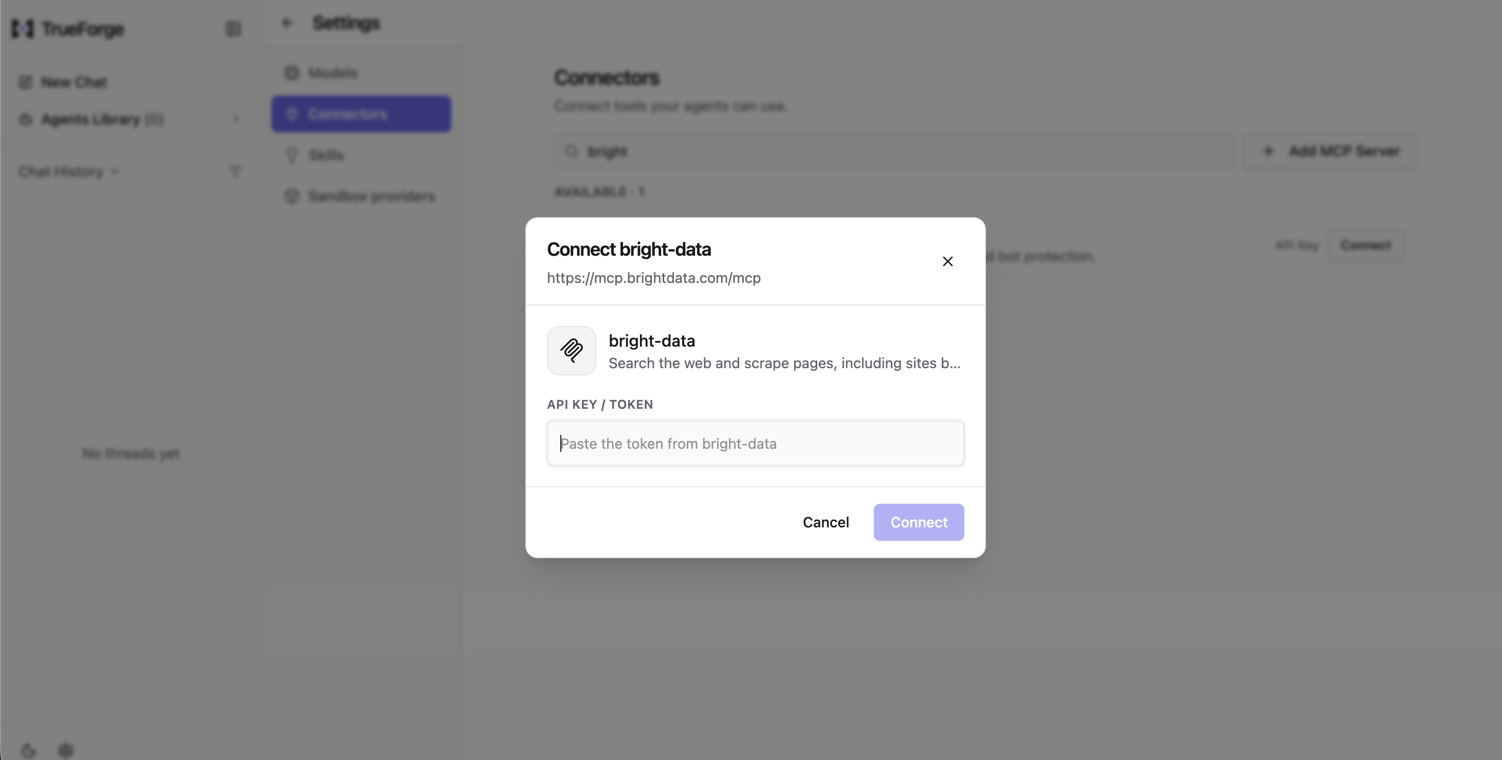 TrueForge's Connect bright-data dialog, showing the catalog's fixed endpoint URL and an empty API Key / Token field ready for a Bright Data token