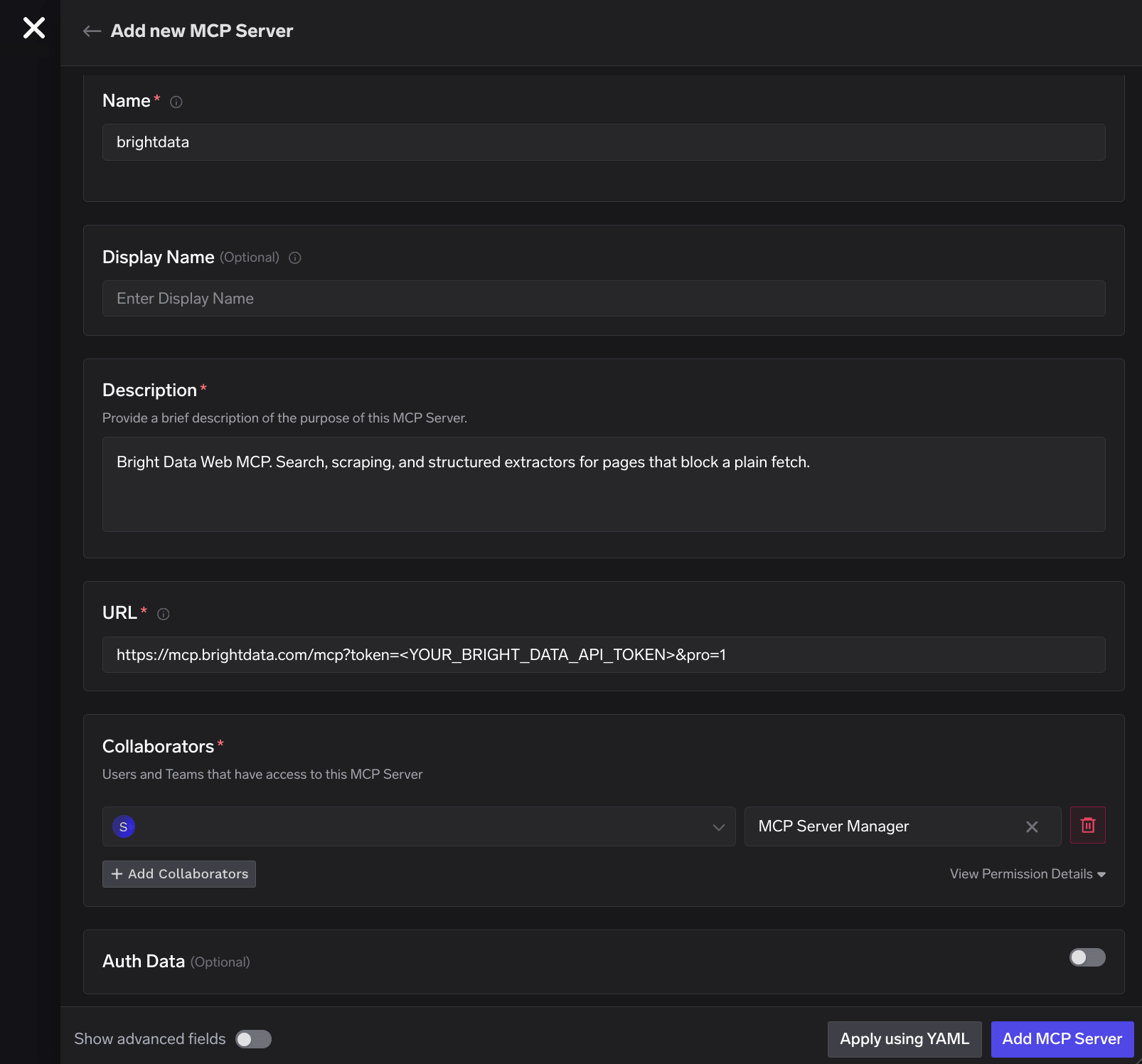 TrueFoundry's Add new MCP Server form with the name brightdata, the Bright Data pro endpoint in the URL field, and Auth Data switched off