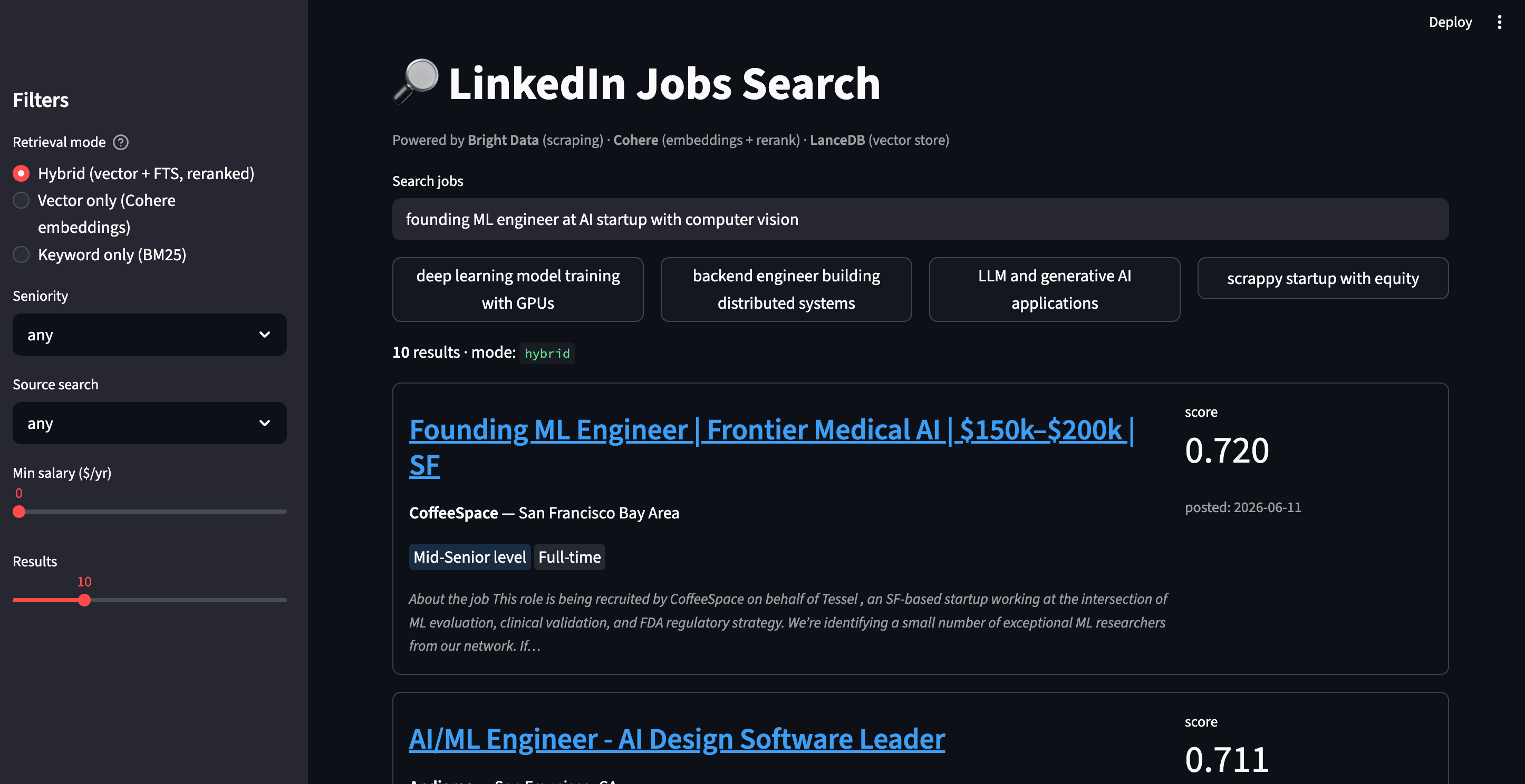 Streamlit search interface for the query "founding ML engineer at AI startup with computer vision" showing a hybrid result list. The sidebar contains filters for search mode, seniority, source-search keyword, minimum salary, and number of results. The top result card is "Founding ML Engineer | Frontier Medical AI | $150k,$200k | SF" from CoffeeSpace in San Francisco Bay Area, with Mid-Senior level + Full-time badges, a Cohere relevance score of 0.720, and a description snippet. A second result, "AI/ML Engineer - AI Design Software Leader" with score 0.711, begins below.