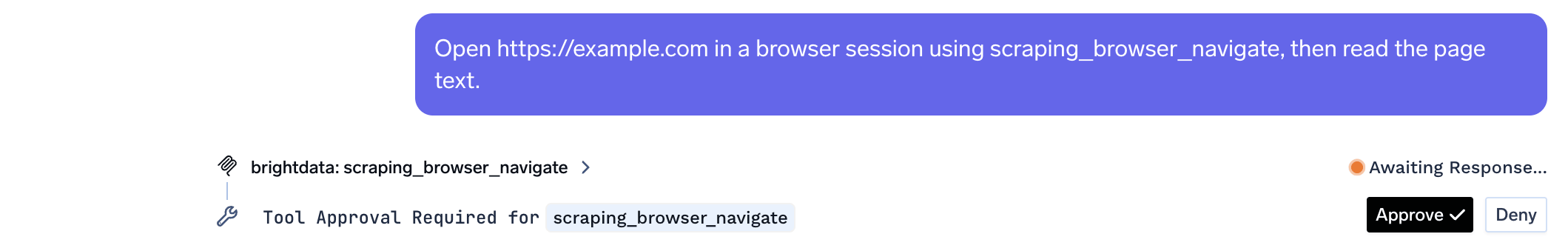 TrueFoundry Playground paused on a Bright Data tool call, showing Tool Approval Required for scraping_browser_navigate with Approve and Deny controls