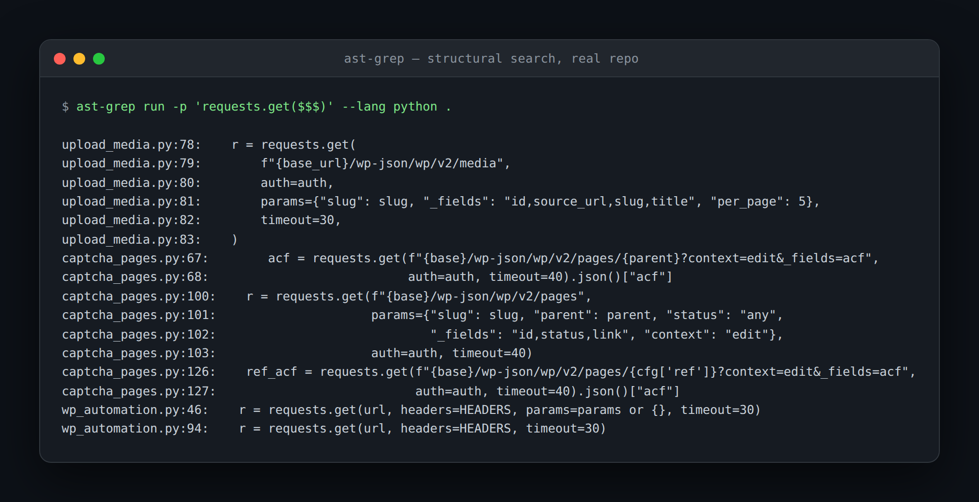 ast-grep finding structural matches across a Python repository