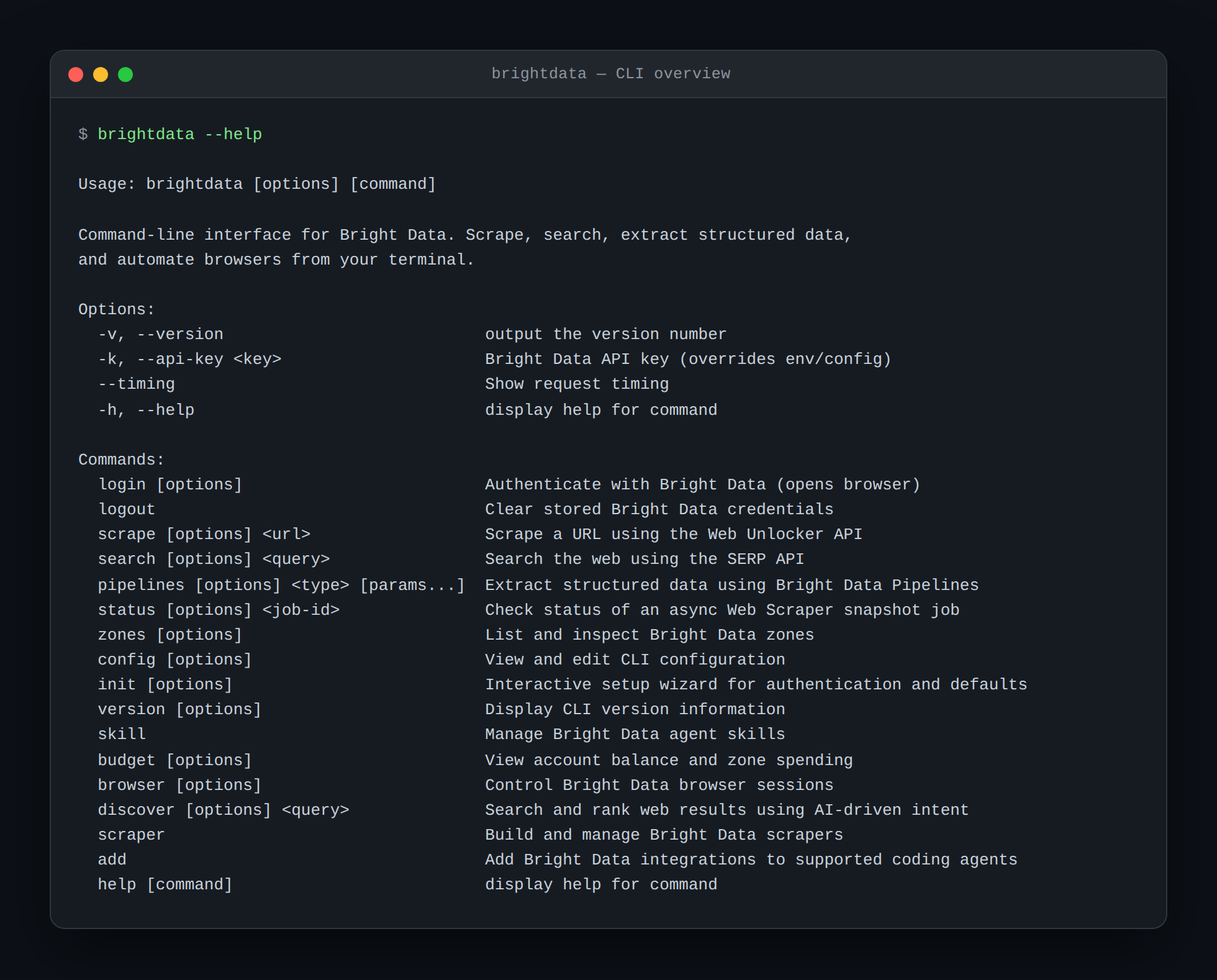 Bright Data CLI command list shown by brightdata, help
