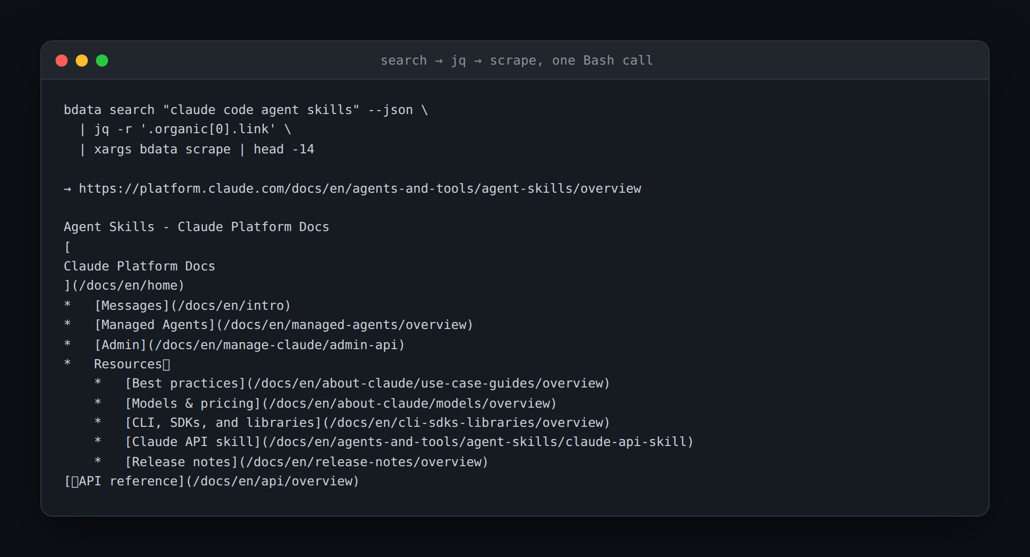 Bright Data CLI chaining search, jq, and scrape in one command