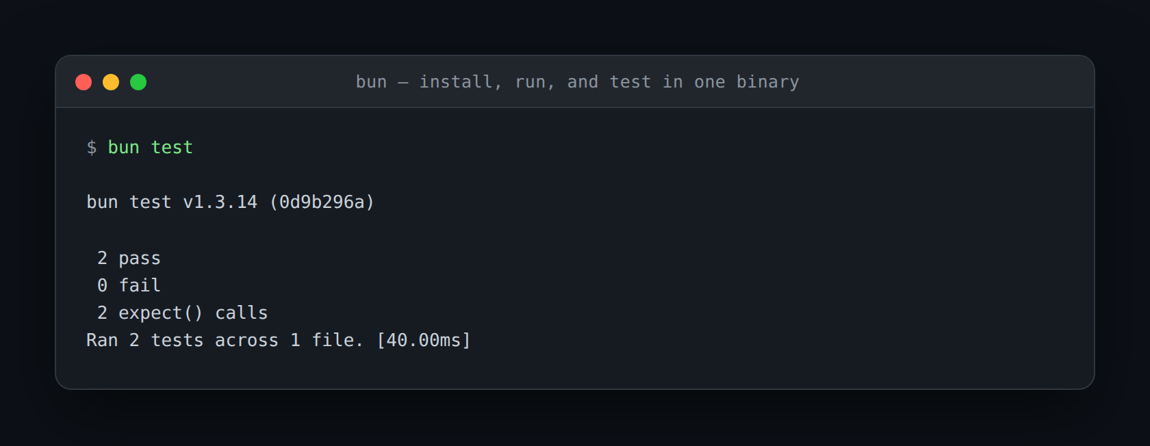 bun test running two TypeScript tests in 35 milliseconds