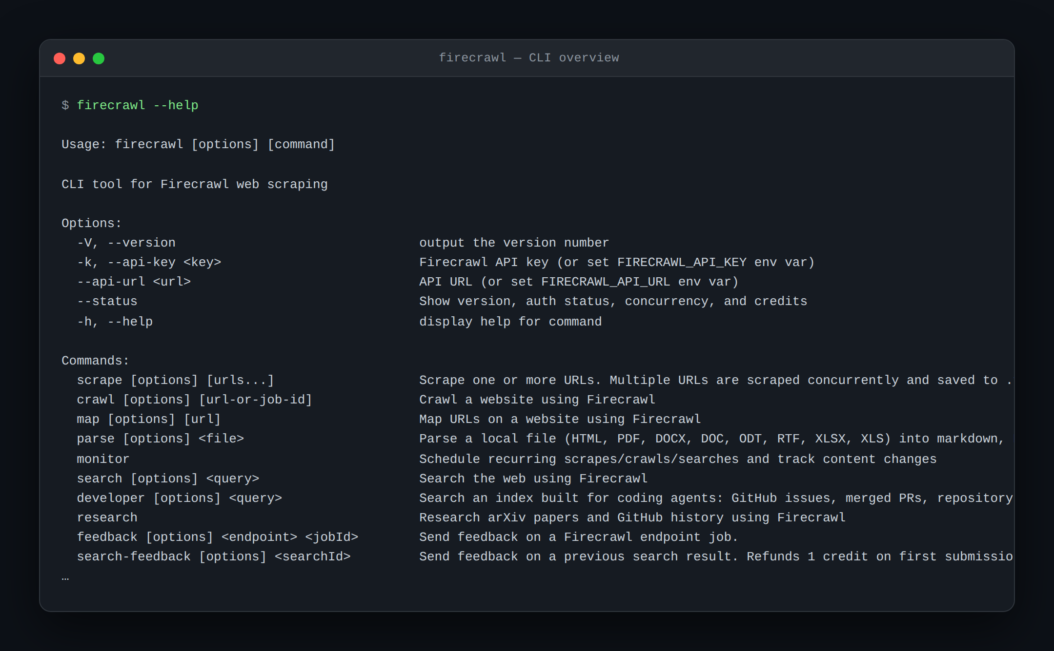 Firecrawl CLI command list shown by firecrawl, help