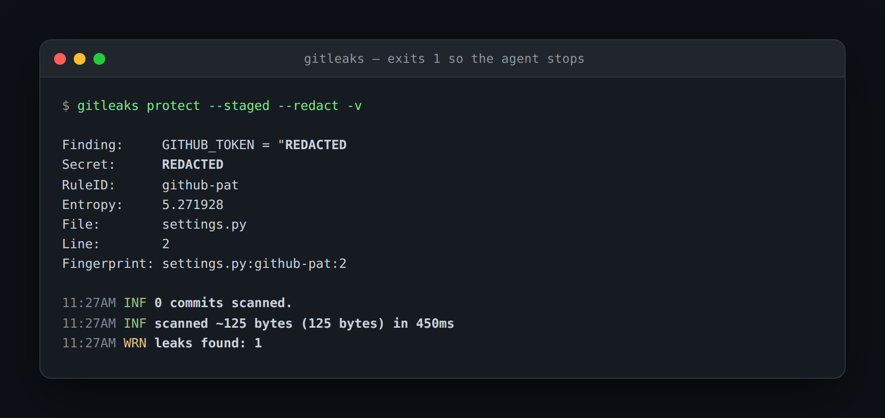 gitleaks reporting a redacted secret and exiting with a non-zero status
