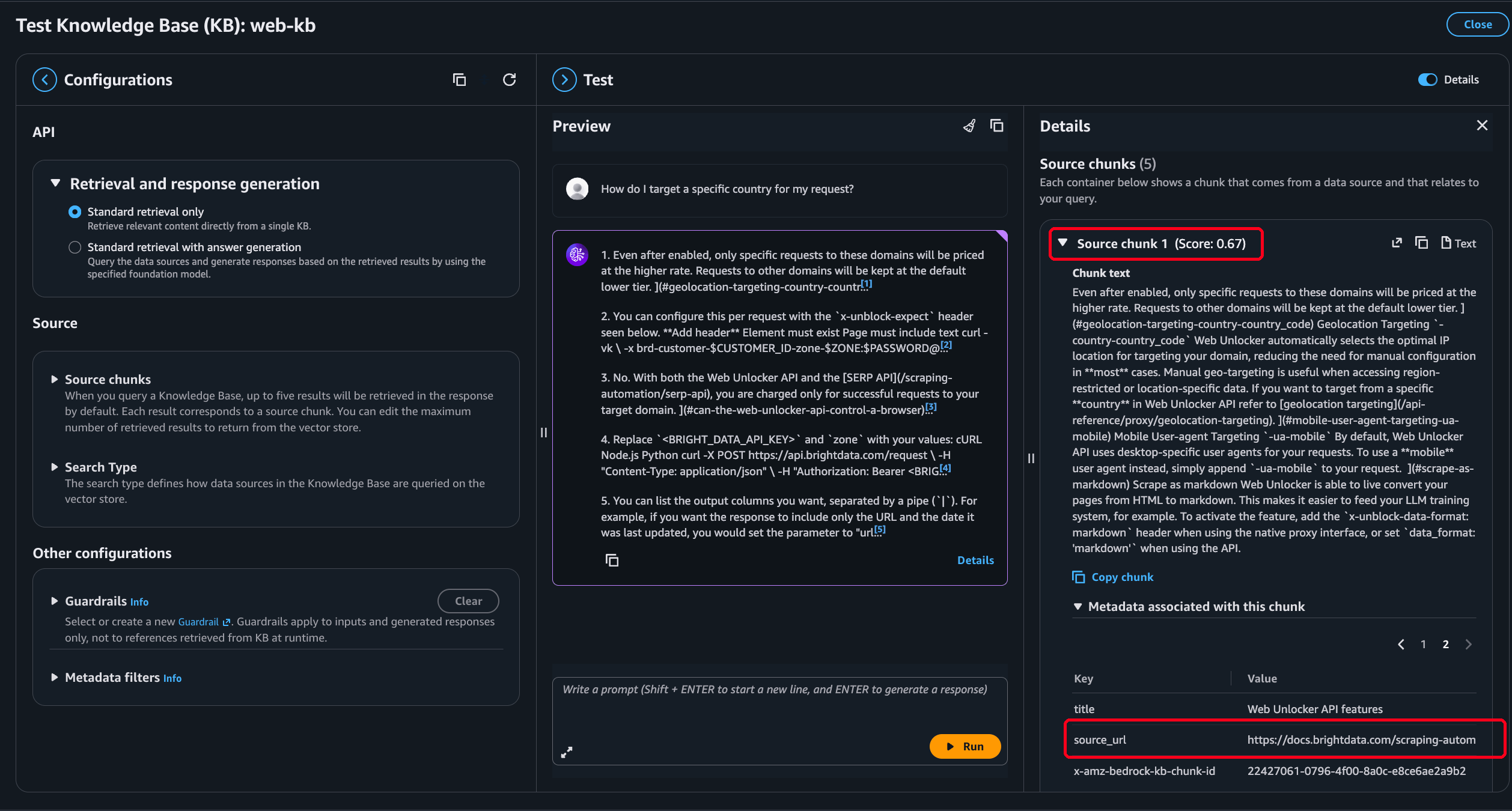Amazon Bedrock console Test panel for web-kb. The country-targeting query returns 5 chunks. Chunk 1 scores 0.67 and its metadata lists title Web Unlocker API features and a source_url. Red boxes mark the relevance score and the source_url row.