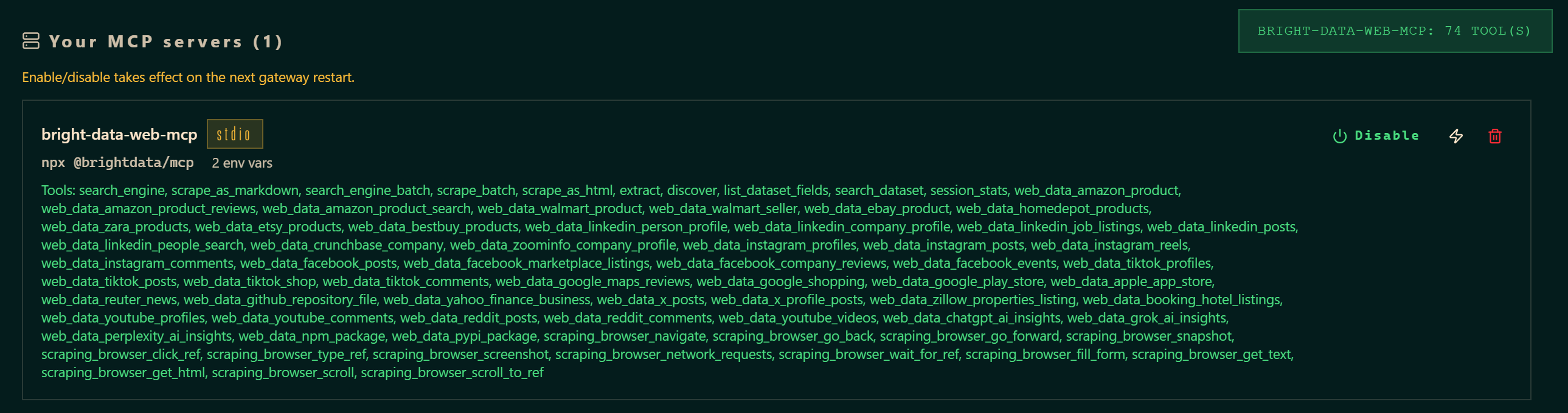Note the 70+ tools available via the Bright Data Web MCP integration