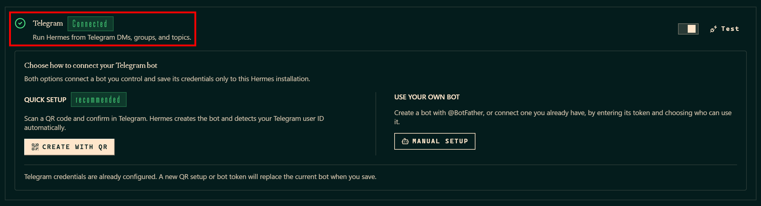 Note the “Connected” status on the Telegram integration