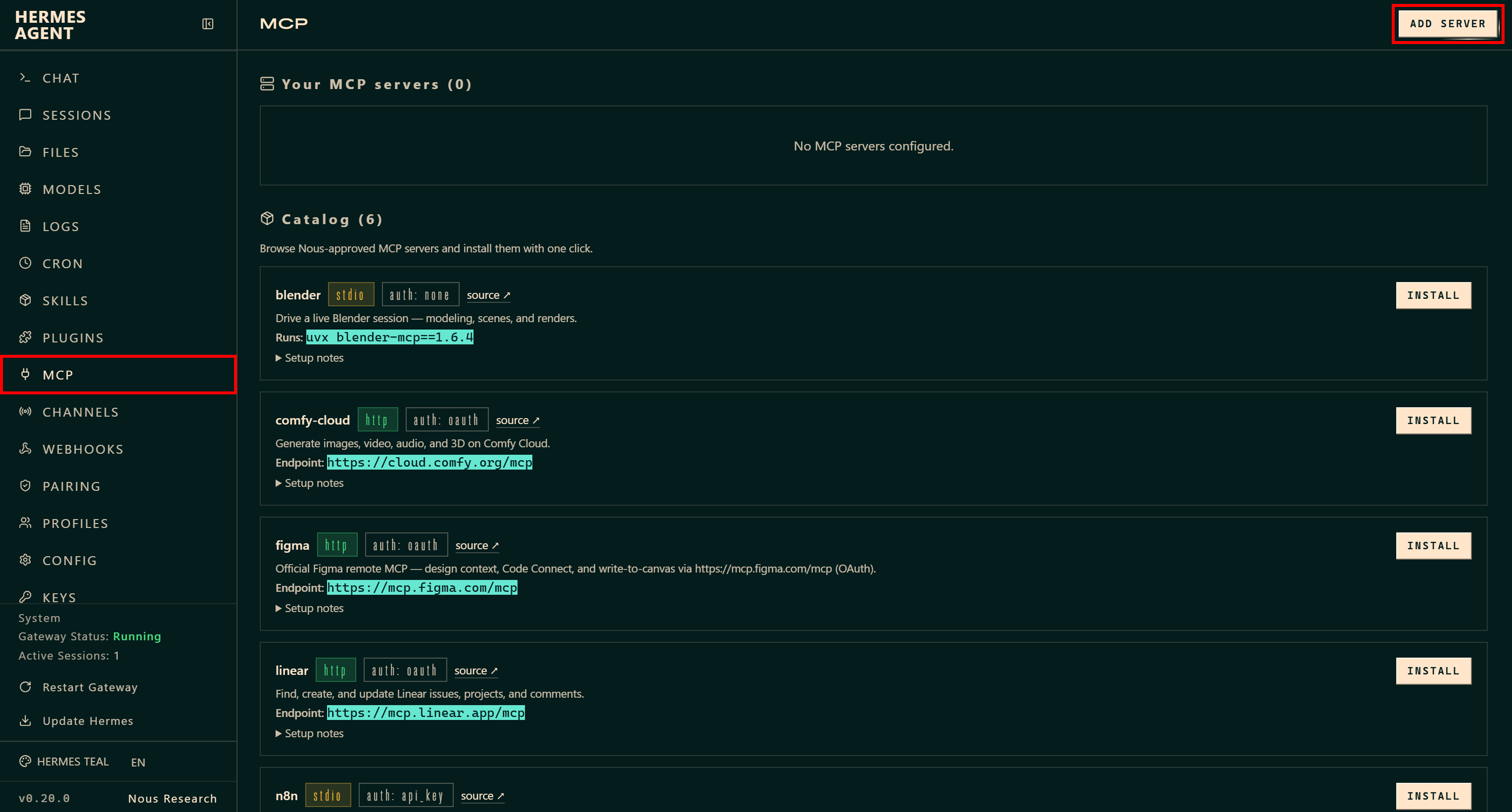 Pressing the “ADD SERVER” button on the “MCP” page